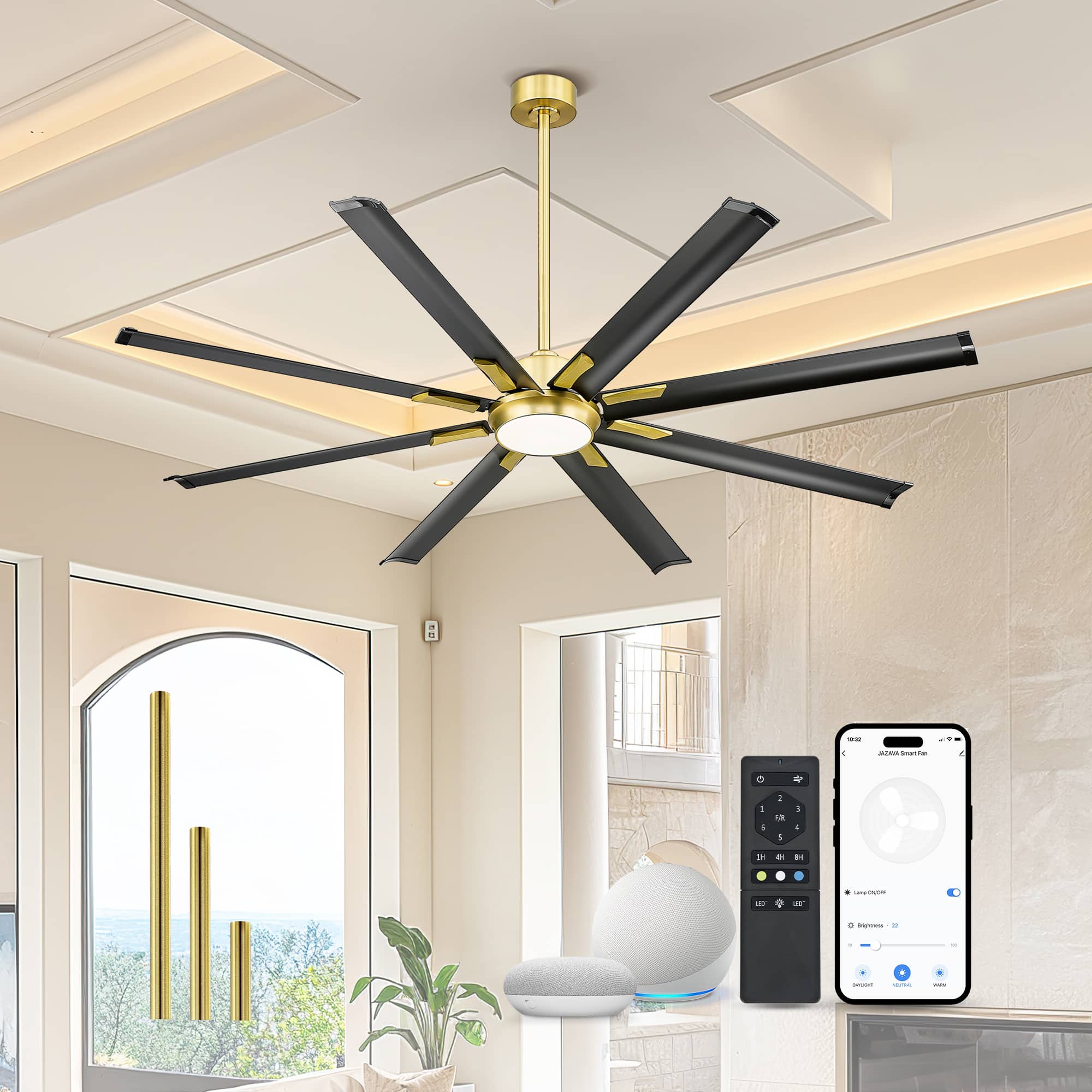 JAZAVA - Industrial Ceiling Fan With Light,72 Inch Ceiling Fan ,Works with Alexa and Google Home - Black/Gold