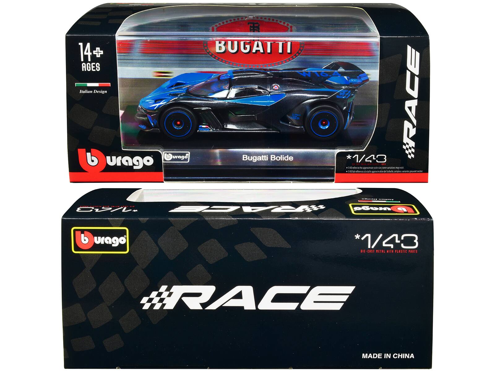 14+ AGES  
Italian Design  

BUGATTI  
Bugatti Bolide  

URAGO  
#RACE  

*1/43  
DIE-CAST METAL WITH PLASTIC PARTS  

MADE IN CHINA