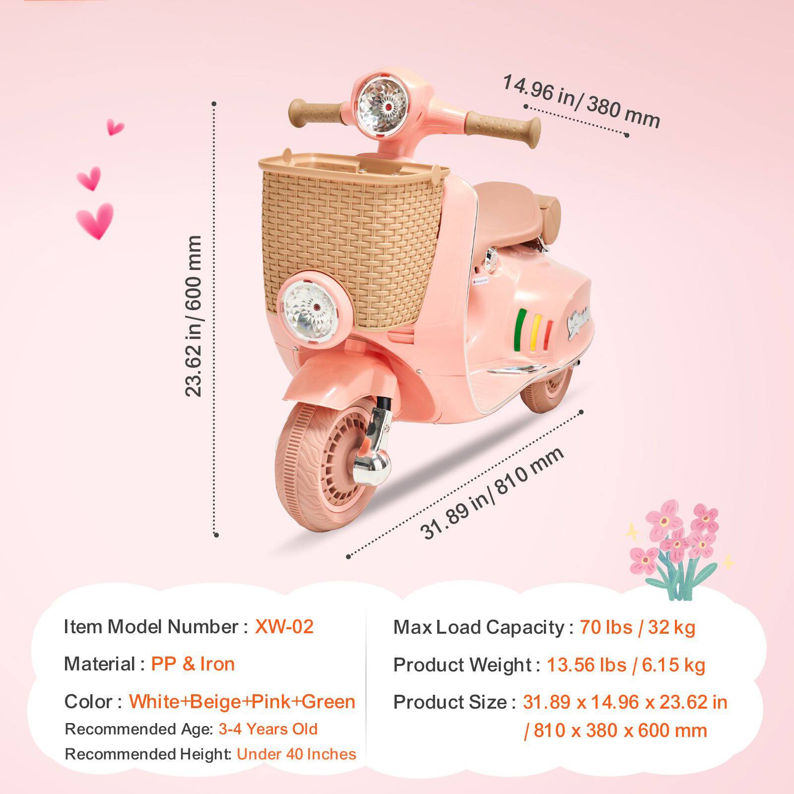 Item Model Number: XW-02  
Material: PP & Iron  
Color: White+Beige+Pink+Green  
Recommended Age: 3-4 Years Old  
Recommended Height: Under 40 Inches  

Max Load Capacity: 70 lbs / 32 kg  
Product Weight: 13.56 lbs / 6.15 kg  
Product Size: 31.89 x 14.96 x 23.62 in / 810 x 380 x 600 mm  

Dimensions:  
- Height: 23.62 in / 600 mm  
- Width: 14.96 in / 380 mm  
- Length: 31.89 in / 810 mm