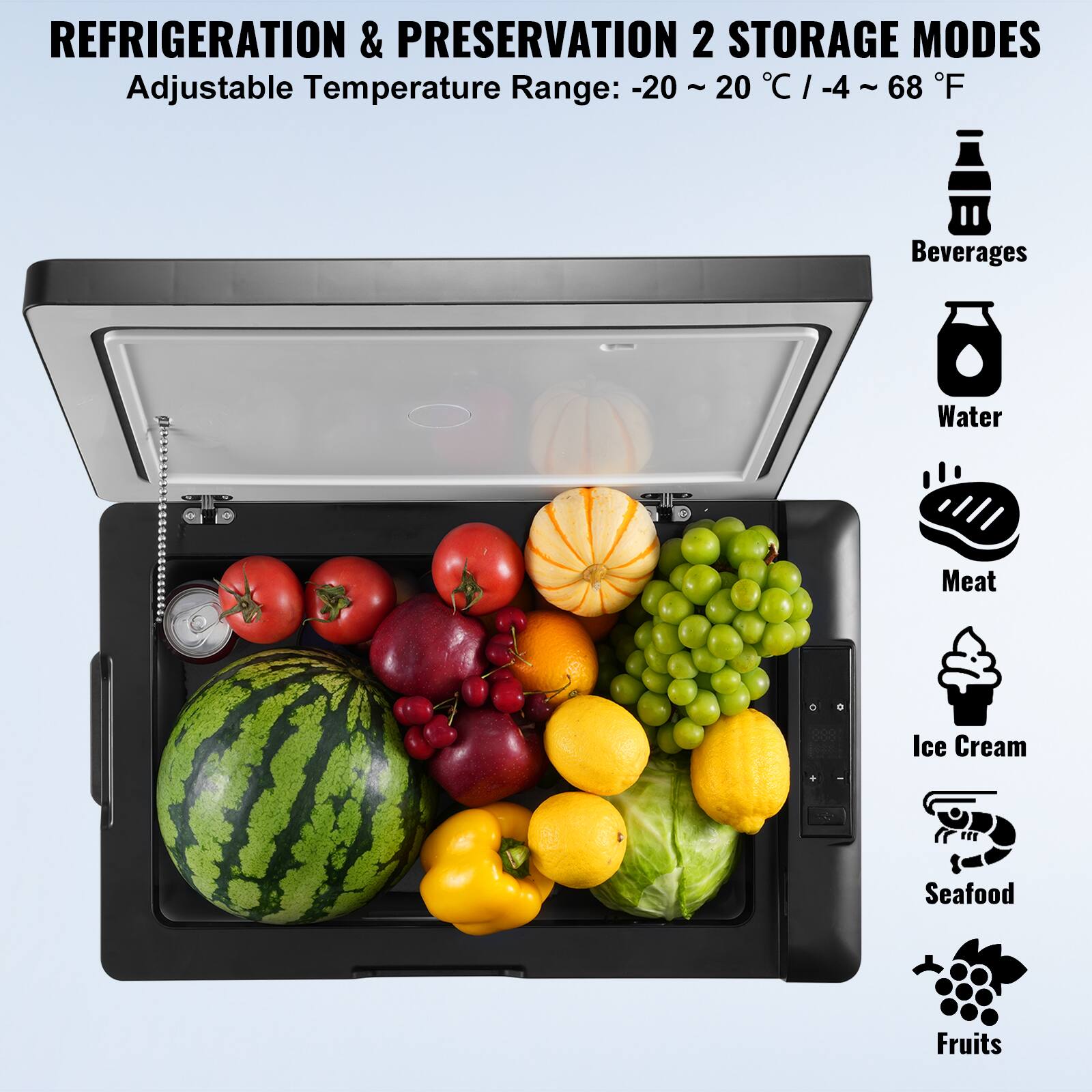 REFRIGERATION & PRESERVATION 2 STORAGE MODES Adjustable Temperature Range: -20 ~ 20 °C / -4 ~ 68 °F Beverages Water Meat Ice Cream Seafood Fruits