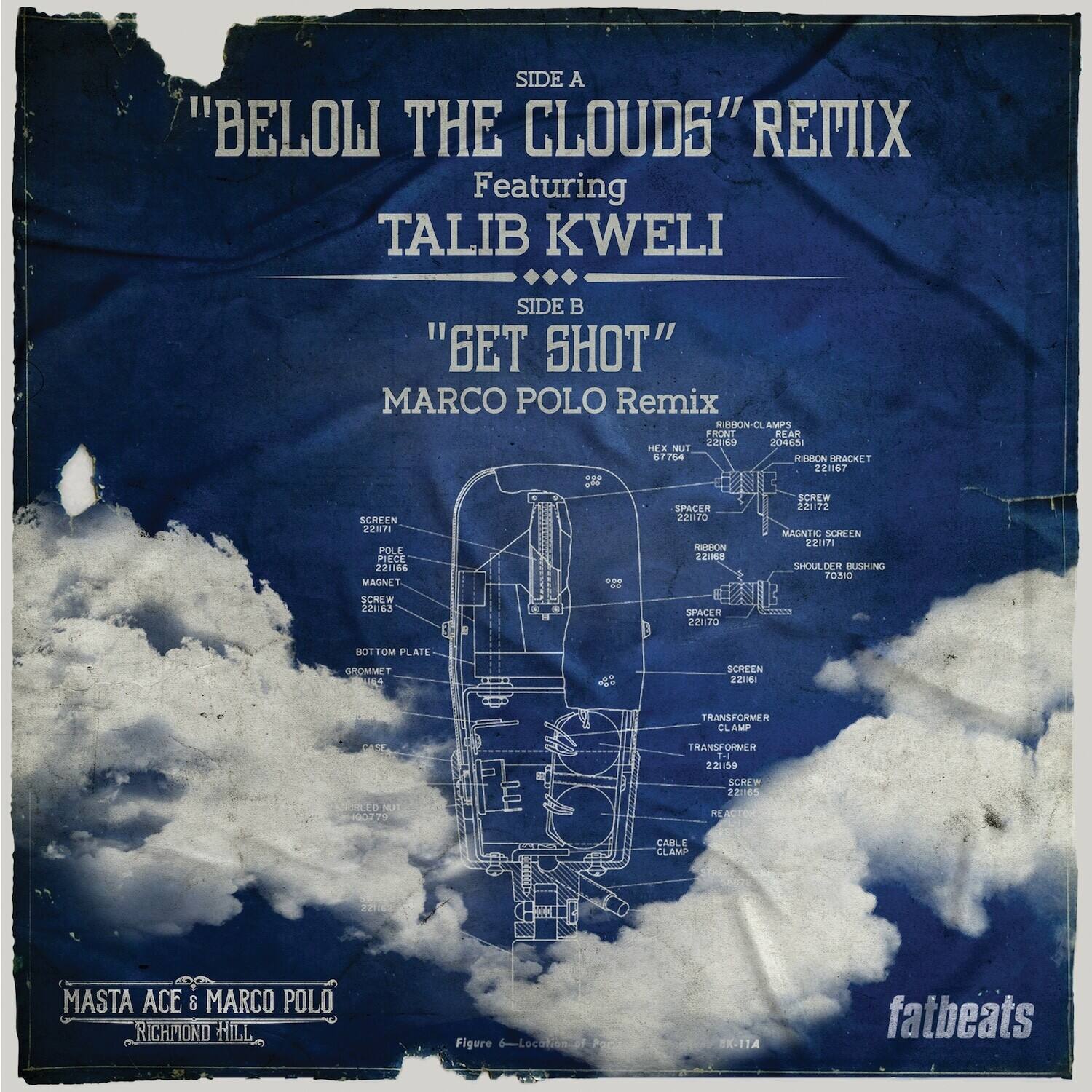 SIDE A  
"BELOW THE CLOUDS" REMIX  
Featuring TALIB KWELI  

SIDE B  
"GET SHOT"  
MARCO POLO Remix  

MASTA ACE & MARCO POLO  
RICHMOND HILL  

fatbeats  

SCREEN 221170  
MAGNET 221166  
BOTTOM PLATE GROMMET 221166  
SHOULDER BUSHING 221166  
SCREW 221170  
TRANSFORMER CLAMP 221166  
SCREW 221166  
TRANSFORMER 221166  
CABLE CLAMP 221166  
RIBBON-CLAMPS FRONT 221166  
RIBBON-CLAMPS REAR 221166  
RIBBON BRACKET 221166  
MAGNETIC SCREEN 221166  
SPACER 221170  
SCREW 221170  
TRANSFORMER CLAMP 2211