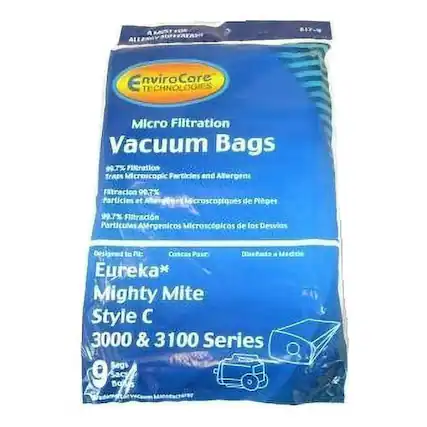 ALEENGY EnviroCare Technologies Micro Filtration Vacuum Bags 99.7% Filtration Traps Microscopic Particles and Allergens 99.7% Particles at 1 Micron 99.7% Filtration Particules Allergéniques Microscopiques de Plèpes 99.7% Filtración Partículas Alergénicas Microscópicas de los Desvanes Designed to Fit: Eureka* Mighty Mite Style C 3000 & 3100 Series