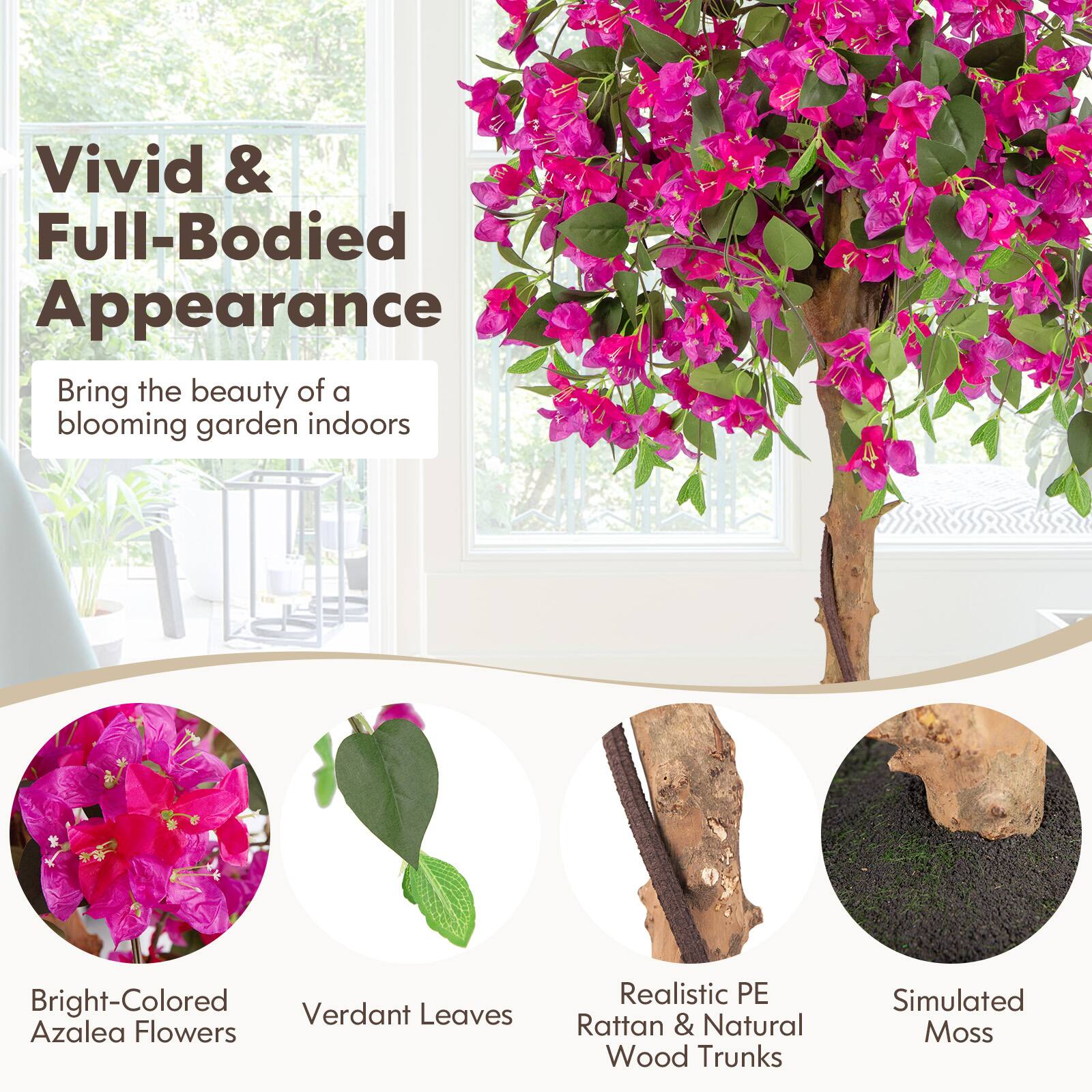 Vivid & Full-Bodied Appearance  
Bring the beauty of a blooming garden indoors  

Bright-Colored Azalea Flowers  
Verdant Leaves  
Realistic PE Rattan & Natural Wood Trunks  
Simulated Moss