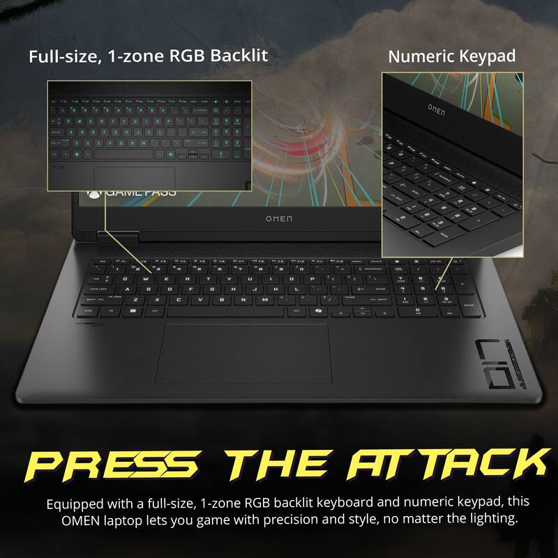 Full-size, 1-zone RGB Backlit Numeric Keypad

Equipped with a full-size, 1-zone RGB backlit keyboard and numeric keypad, this OMEN laptop lets you game with precision and style, no matter the lighting.

PRESS THE ATTACK