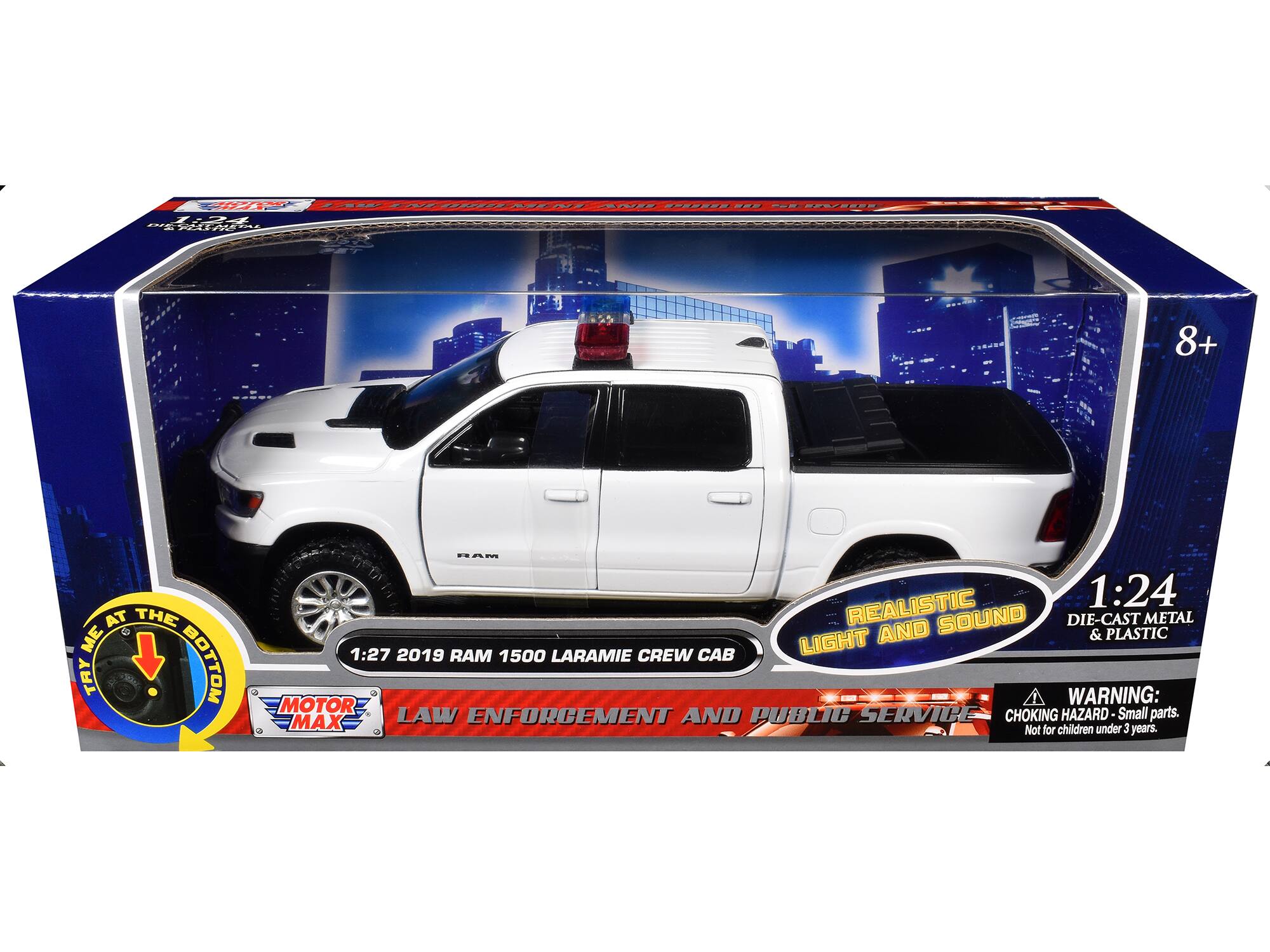 FAUA - 34 PEV CS 8+ AT THE ME TAY A BOTTOM Am  
1:24 REALISTIC SOUND DIE-CAST METAL LIGHT AND & PLASTIC  
1:27 2019 RAM 1500 LARAMIE CREW CAB MOTOR  
WARNING: LAW ENFORCEMENT AND PUBLIC SERVICE CHOKING HAZARD Small parts. MAX for children under 3 Not years.