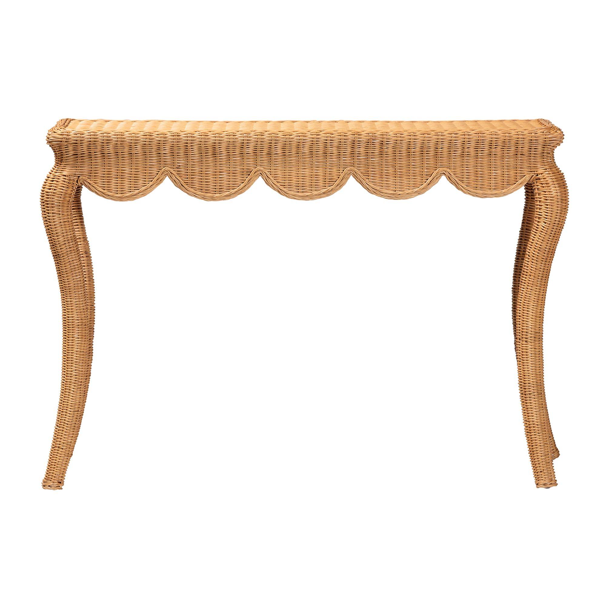 Angle. bali & pari - Deborah Natural Rattan Console Table - Handwoven Wicker Accent Table with Cabriole Legs, Scalloped Coastal Cottage - Light Honey.