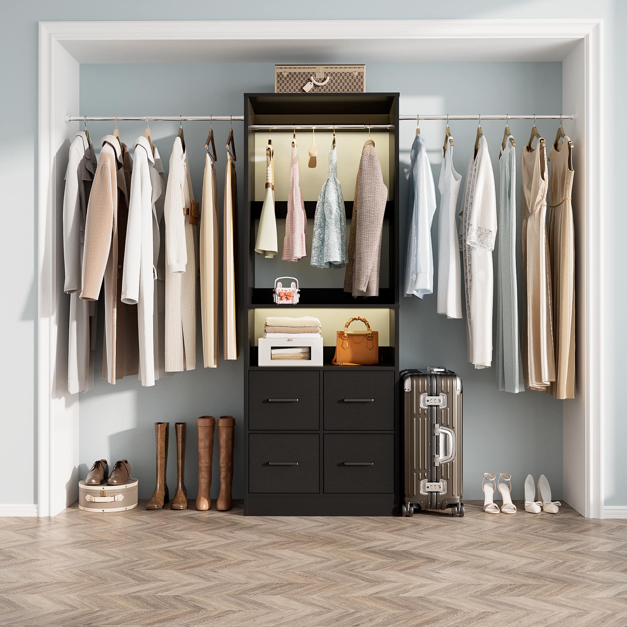 Aheaplus - 25'' - 104'' Adjustable Closet Organizer System, Walk-in Hanging Closet with 4 Fabric Drawers and 3 Hanging Rods - Black