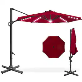Best Choice Products - 10ft 360-Degree Solar LED Lit Cantilever Patio Umbrella, Outdoor Hanging Shade - Burgundy