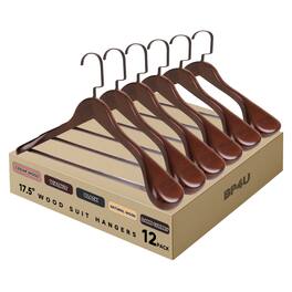 BP4U - 12-Pack Premium Wide Shoulder Wooden Suit Hangers, 17.5" Men's Solid Wood Clother Hangers with Pant Bar - Walnut
