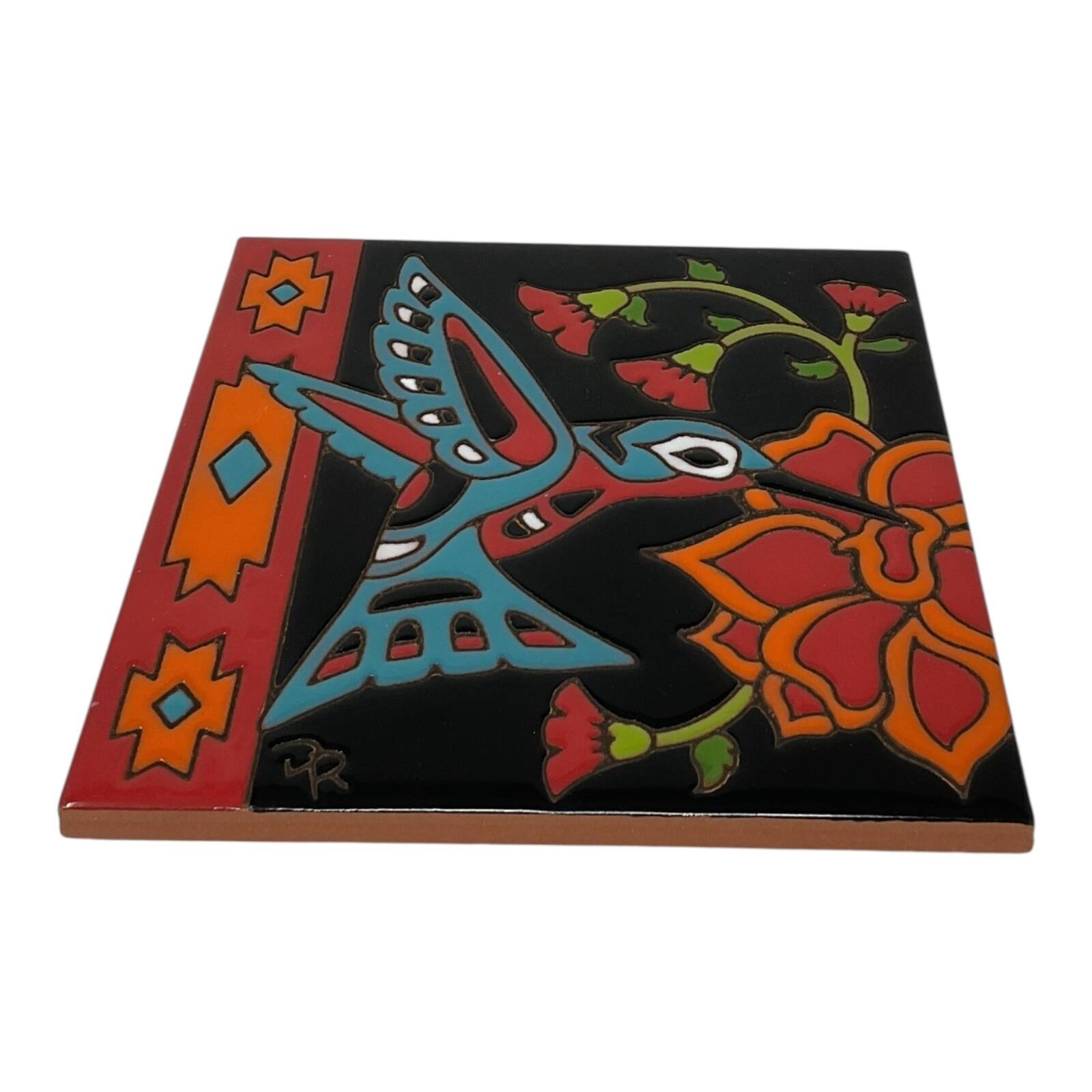 Angle. Earthtones Tile - Earthtones Southwest Hummingbird with Flower 6X6 Colorful Hand Glazed Decorative Tile - Multicolor.