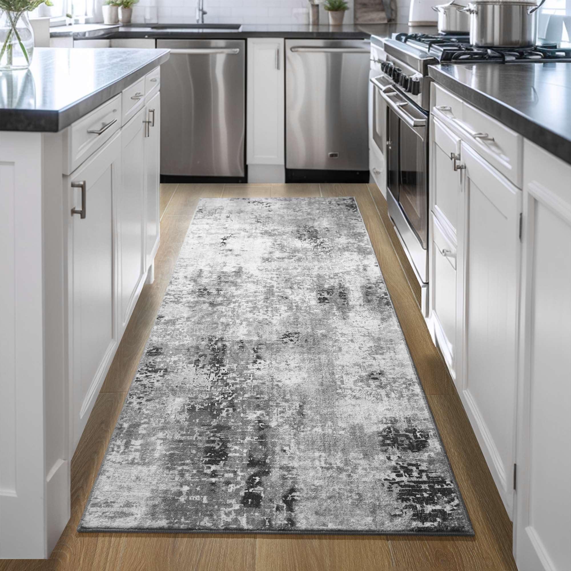 Left. PARKER SLATER - Non Slip Washable Soft Abstract Long Carpet Runner Rug Rubber Backing Hallways Kitchen Bedroom Bathroom Entryway Grey... - Blue.