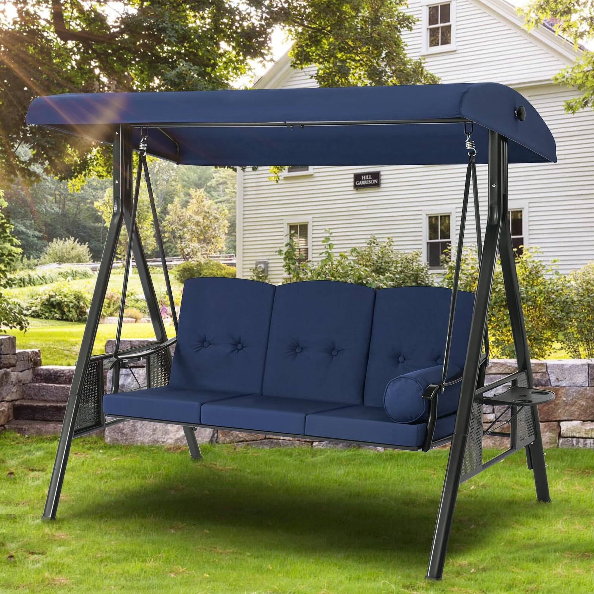 Alt View 2. Boyel Living - 3 Person Metal Patio Swing with Removable Cushion and Cup Holder Outdoor Porch Swing Chair - Blue.