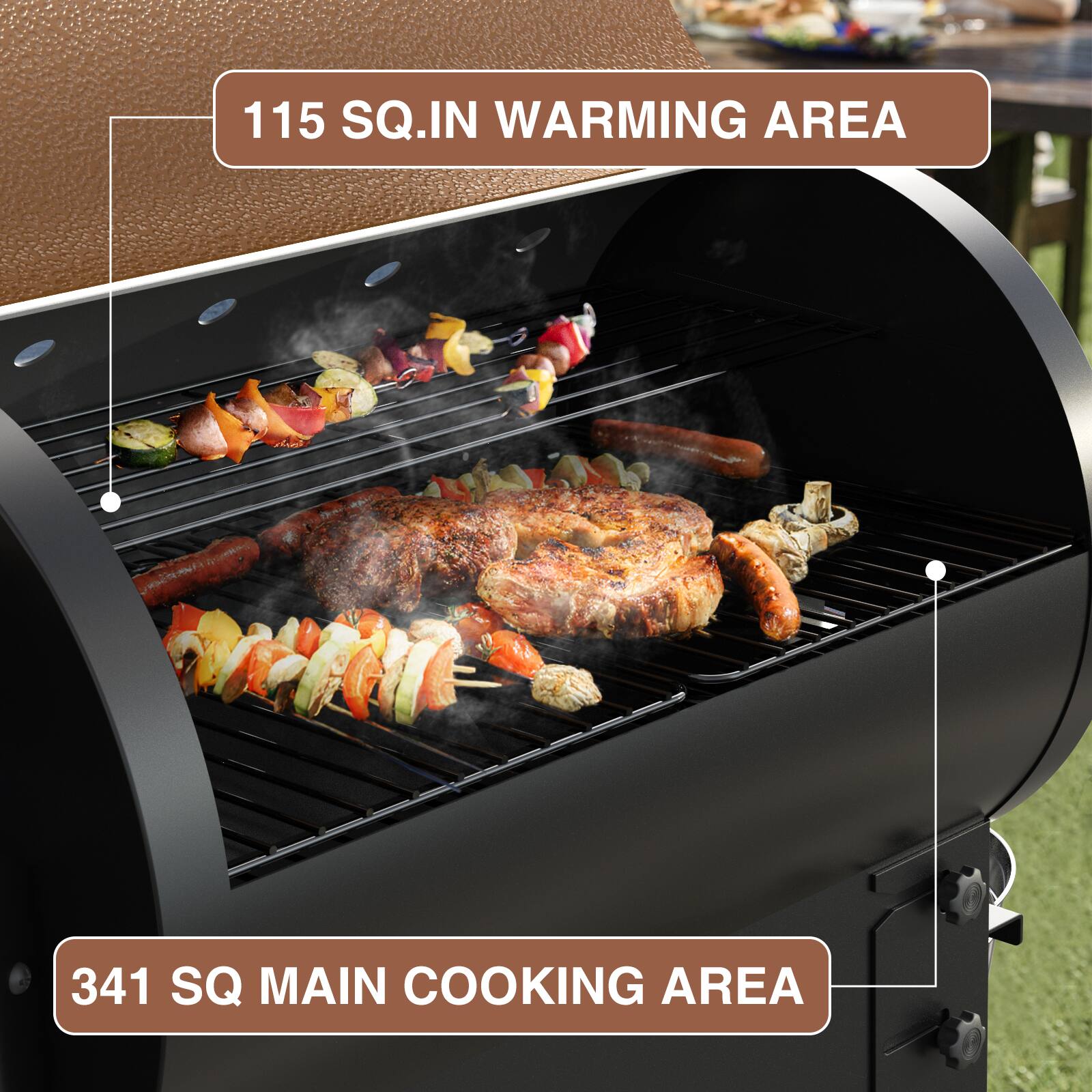 115 SQ.IN WARMING AREA  
341 SQ MAIN COOKING AREA