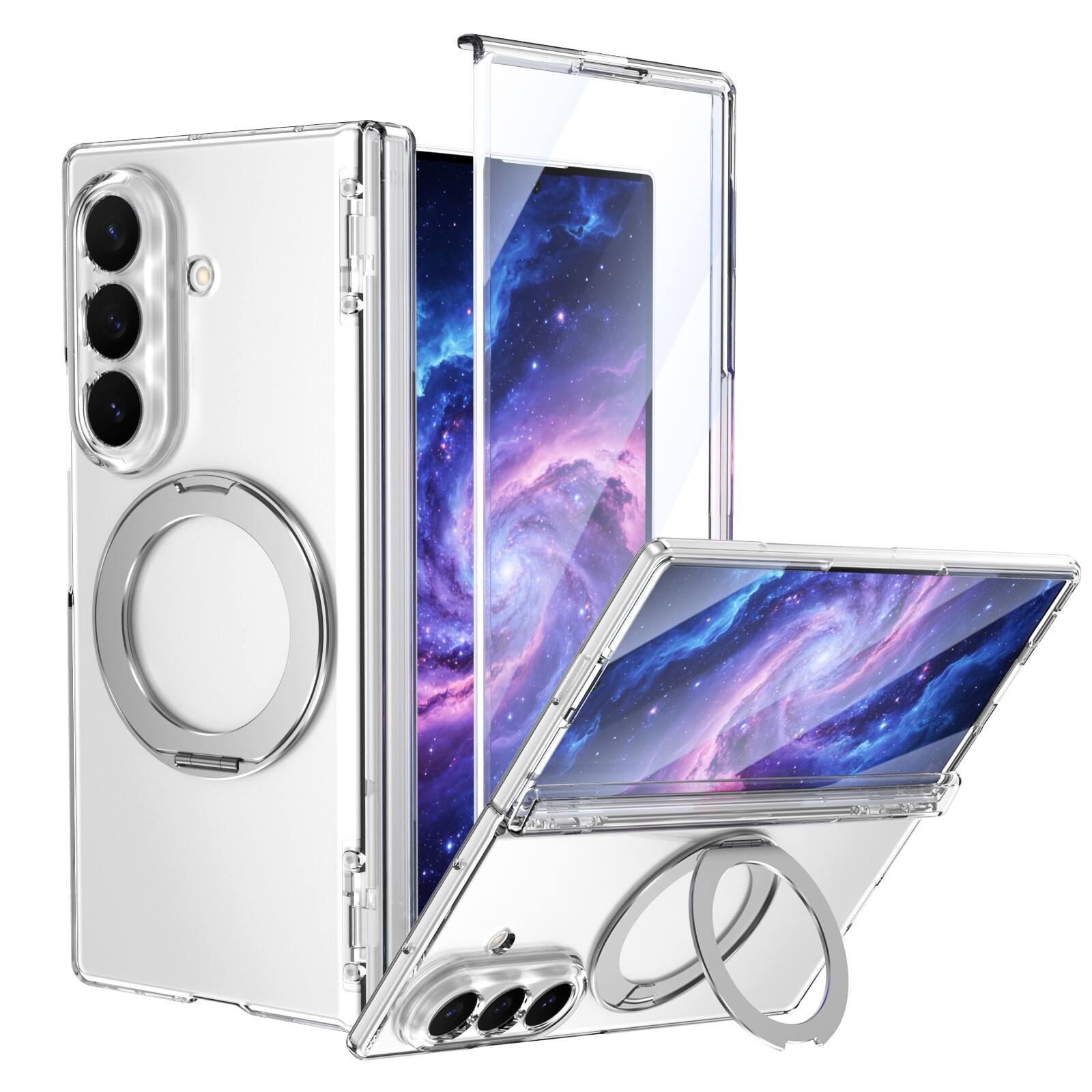 Front. Dteck - Crystal Hybrid Magnetic Case with Screen Protector for Samsung Galaxy Z Fold6, Hinge Protection with Kickstand - Clear.