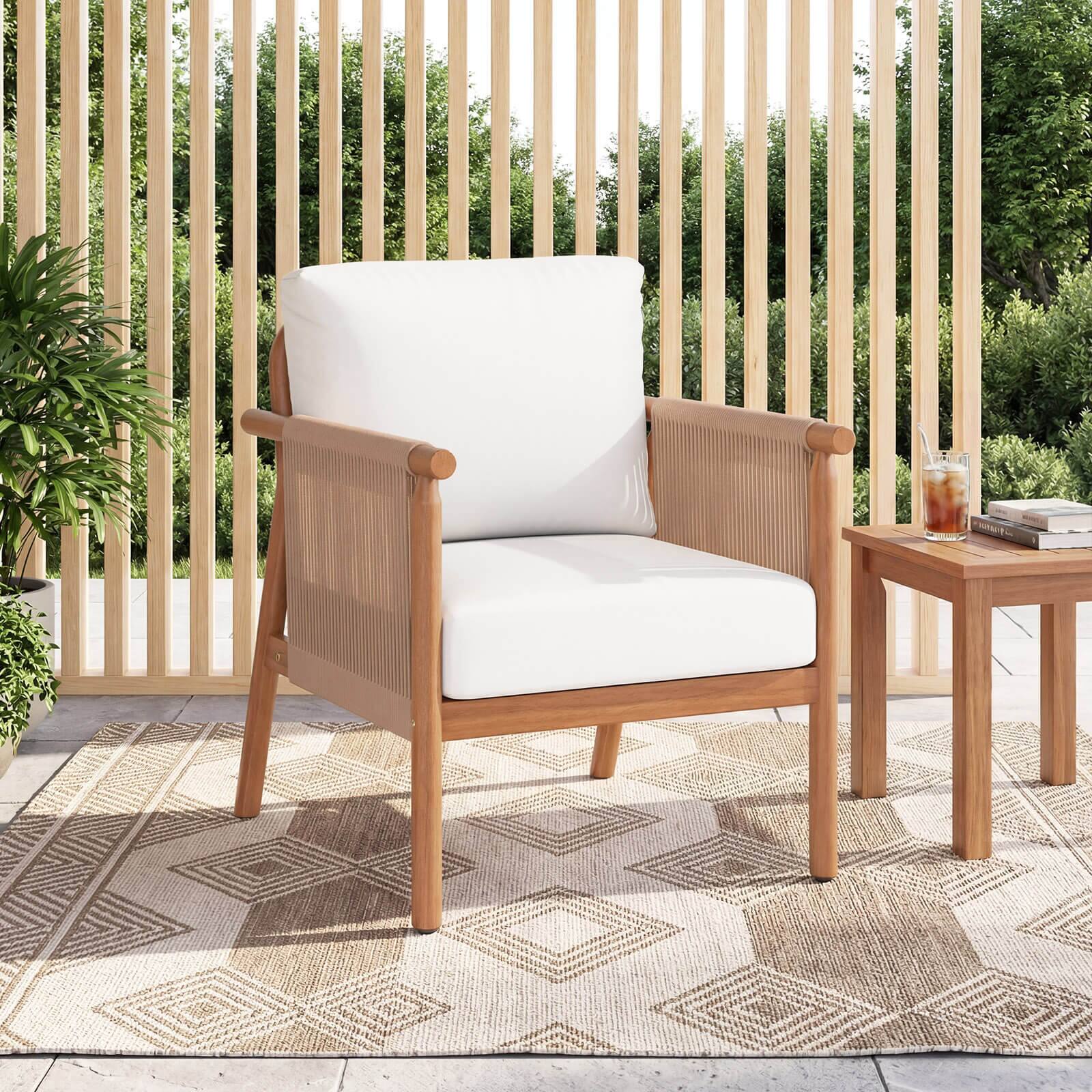 Alt View 1. Costway - Costway Patio Acacia Wood Chair with Woven Rope Armrests & Seat Back Cushions for Backyard - Natural + White.