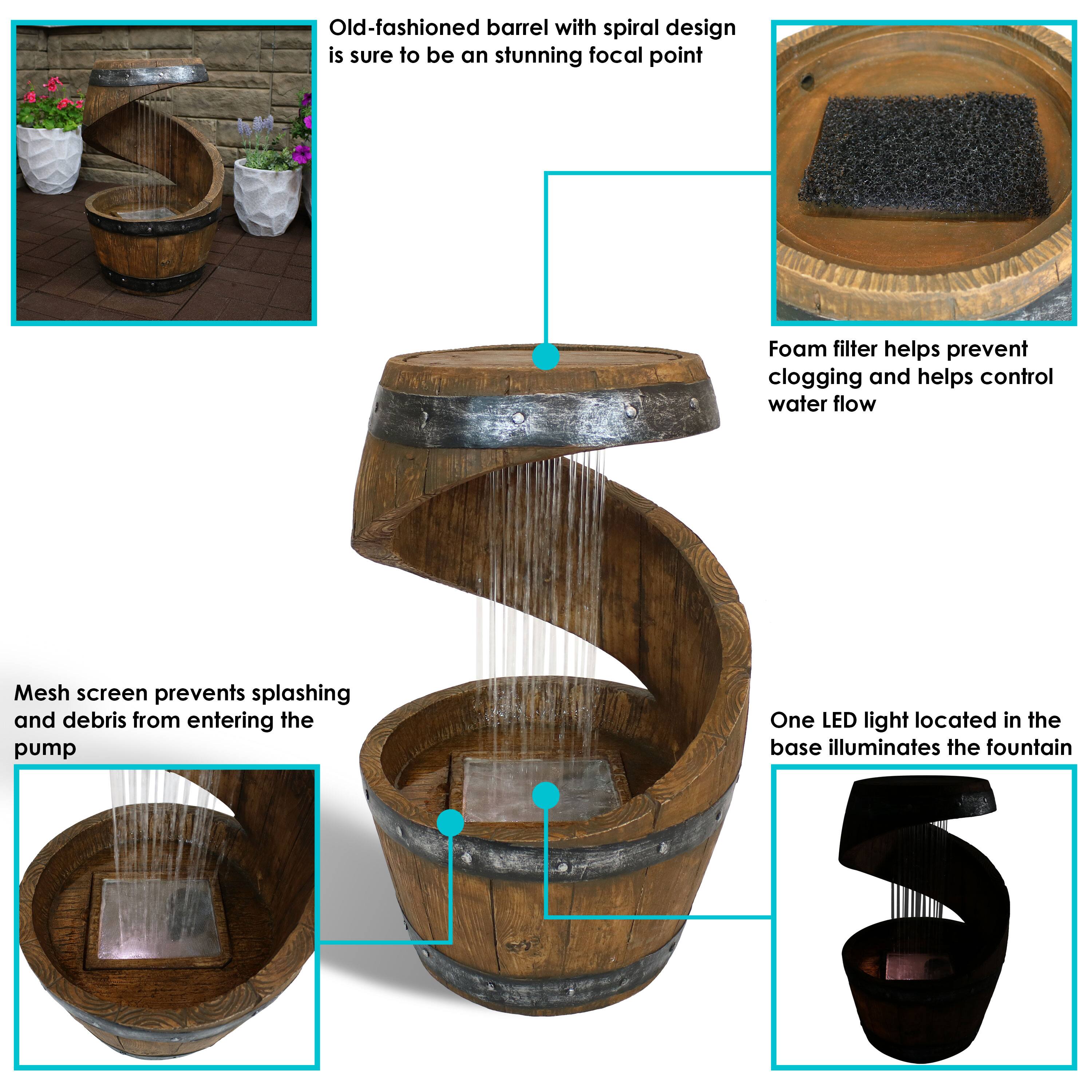 Old-fashioned barrel with spiral design is sure to be an stunning focal point.

Foam filter helps prevent clogging and helps control water flow.

Mesh screen prevents splashing and debris from entering the pump.

One LED light located in the base illuminates the fountain.