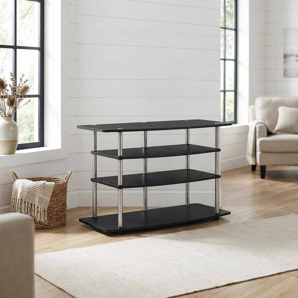Alt View 1. FurniFact - Black No Tools Wide Highboy TV Stand, Particle Board Shelves, Steel Poles - Black.