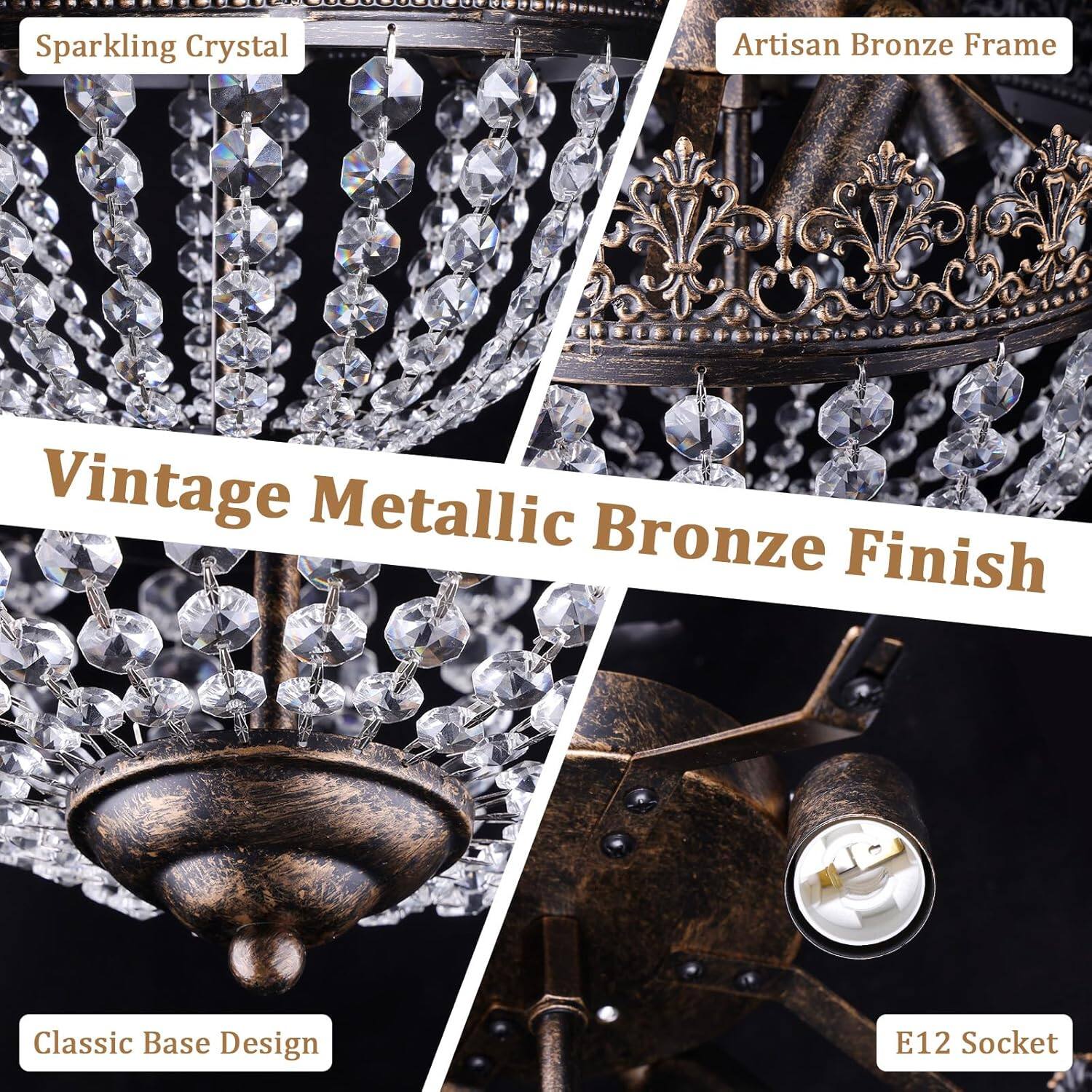 - Sparkling Crystal
- Artisan Bronze Frame
- Vintage Metallic Bronze Finish
- Classic Base Design
- E12 Socket