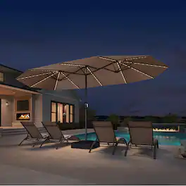 PURPLE LEAF - 15 ft. Patio Market Umbrella with Solar LED and Base Double-Sided Outdoor Table Sun Umbrellas for Pool Deck Backyard - Taupe