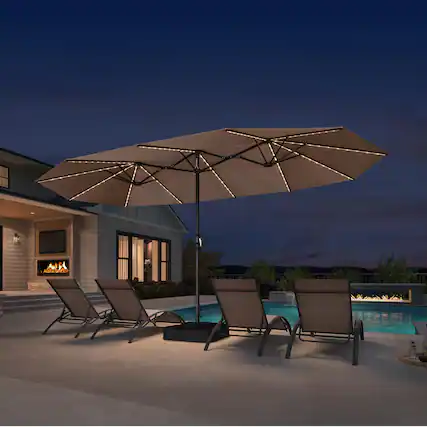 Front. PURPLE LEAF - 15 ft. Patio Market Umbrella with Solar LED and Base Double-Sided Outdoor Table Sun Umbrellas for Pool Deck Backyard - Taupe.