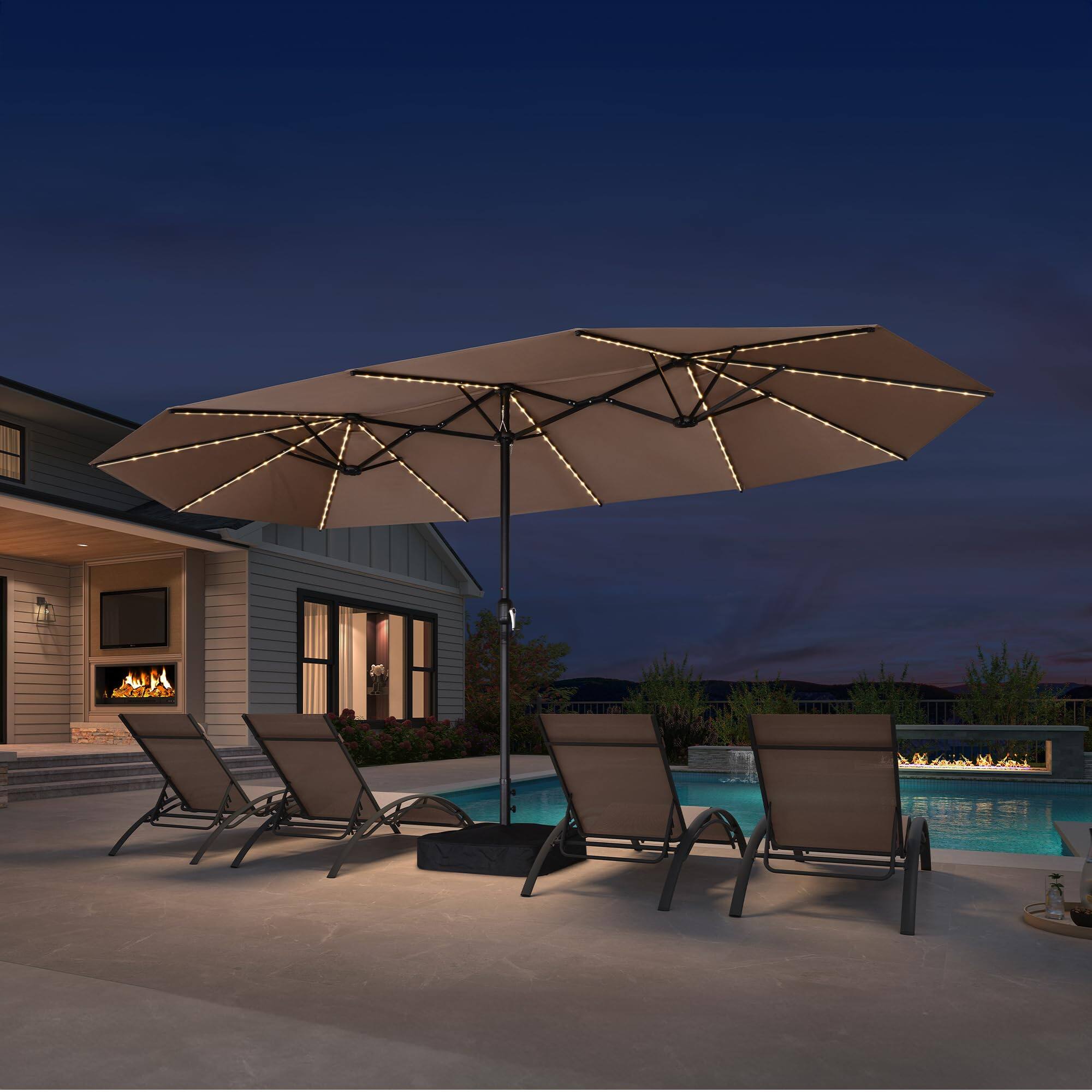 Front. PURPLE LEAF - 15 ft. Patio Market Umbrella with Solar LED and Base Double-Sided Outdoor Table Sun Umbrellas for Pool Deck Backyard - Taupe.