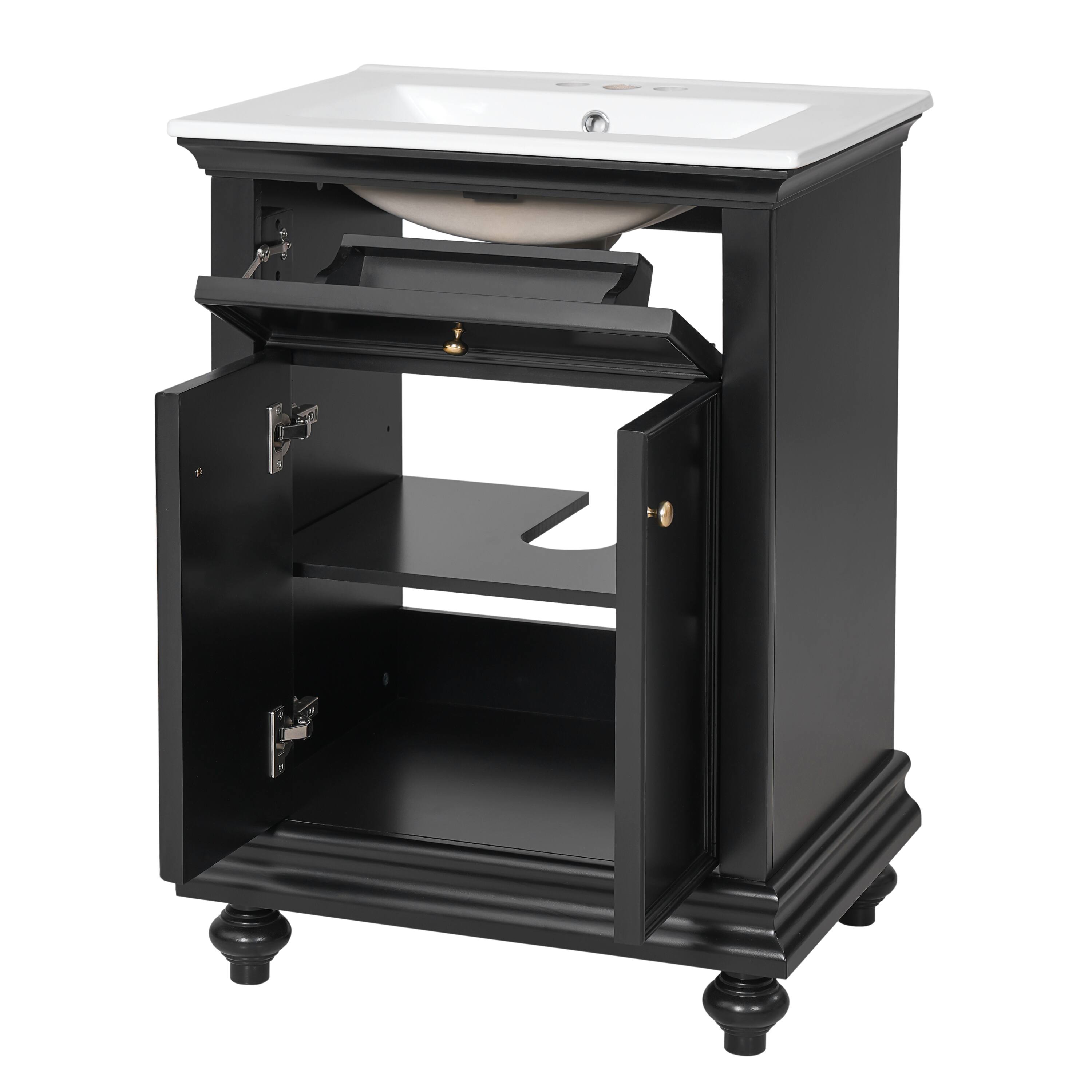 Alt View 1. Whisen - 24" Modern Bathroom Vanity Cabinet with Sink Tip-Out Soft-Close Hinges Back Open Ball-Turned Legs - Black.