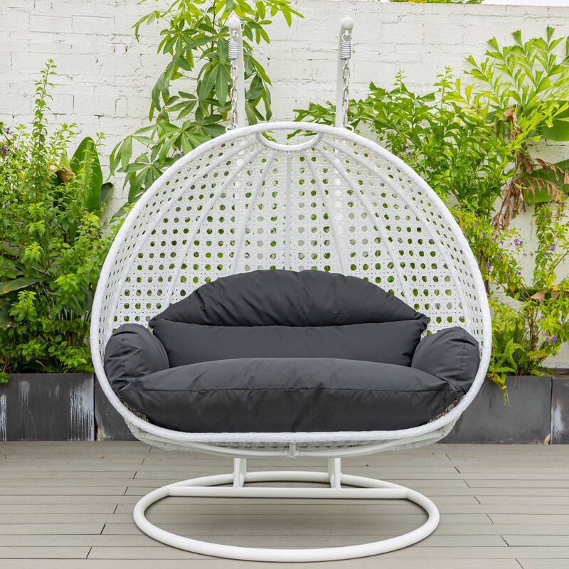 Back. LeisureMod - Leisuremod Modern 2-Person Outdoor Egg Swing White Wicker Chair with Stand, Plush Washable Cushions & Waterproof Cover - Black.