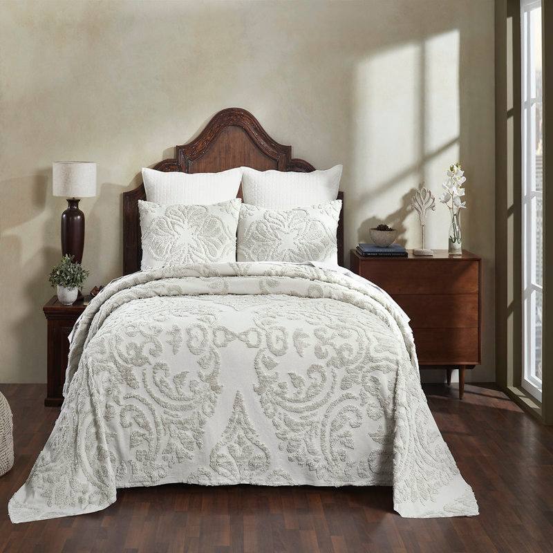 Angle. SlickBlue - Soft 100% Cotton Chenille Bedspread Set with 3 Pieces for All Seasons - Ivory.