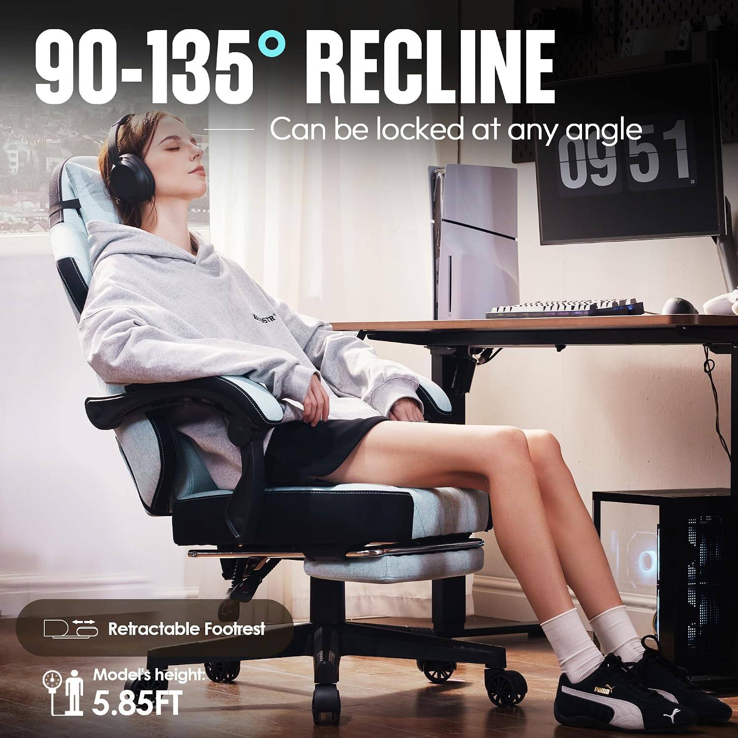 90-135° RECLINE  
Can be locked at any angle  
0951  

Retractable Footrest  
Moder's height: 5.85FT
