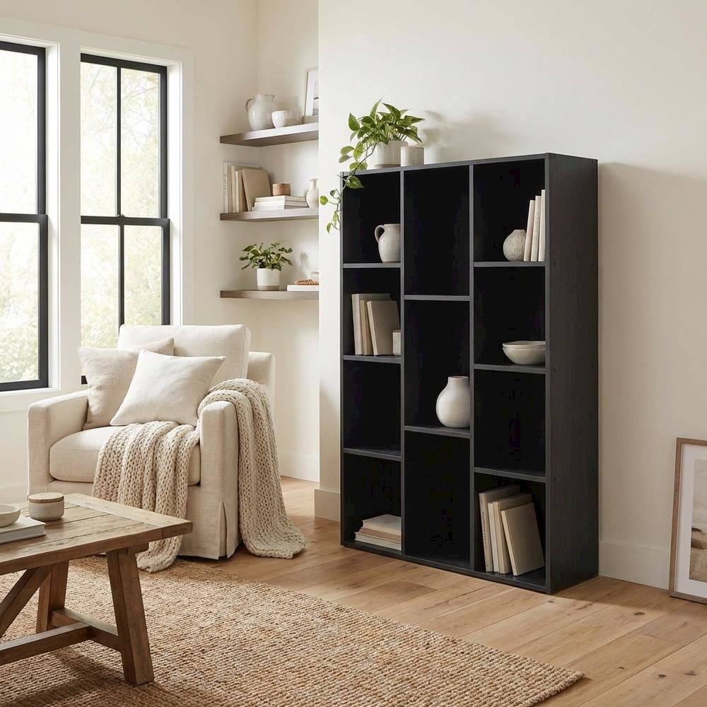 Left. FurniFact - Black Manufactured Wood Bookcase with Open Shelving and Modern Design - Blackwood.