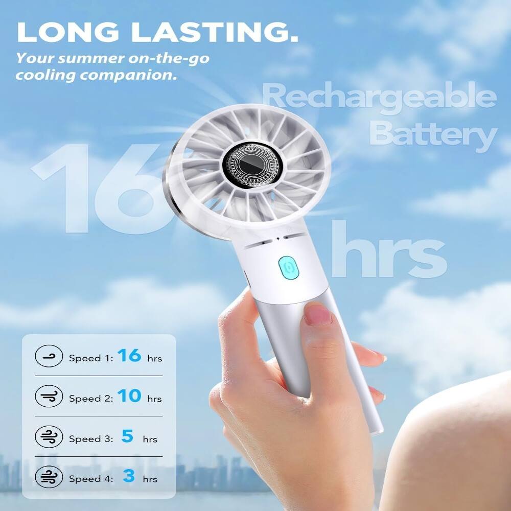 LONG LASTING.  
Your summer on-the-go cooling companion.  
Rechargeable Battery  
Speed 1: 16 hrs  
Speed 2: 10 hrs  
Speed 3: 5 hrs  
Speed 4: 3 hrs
