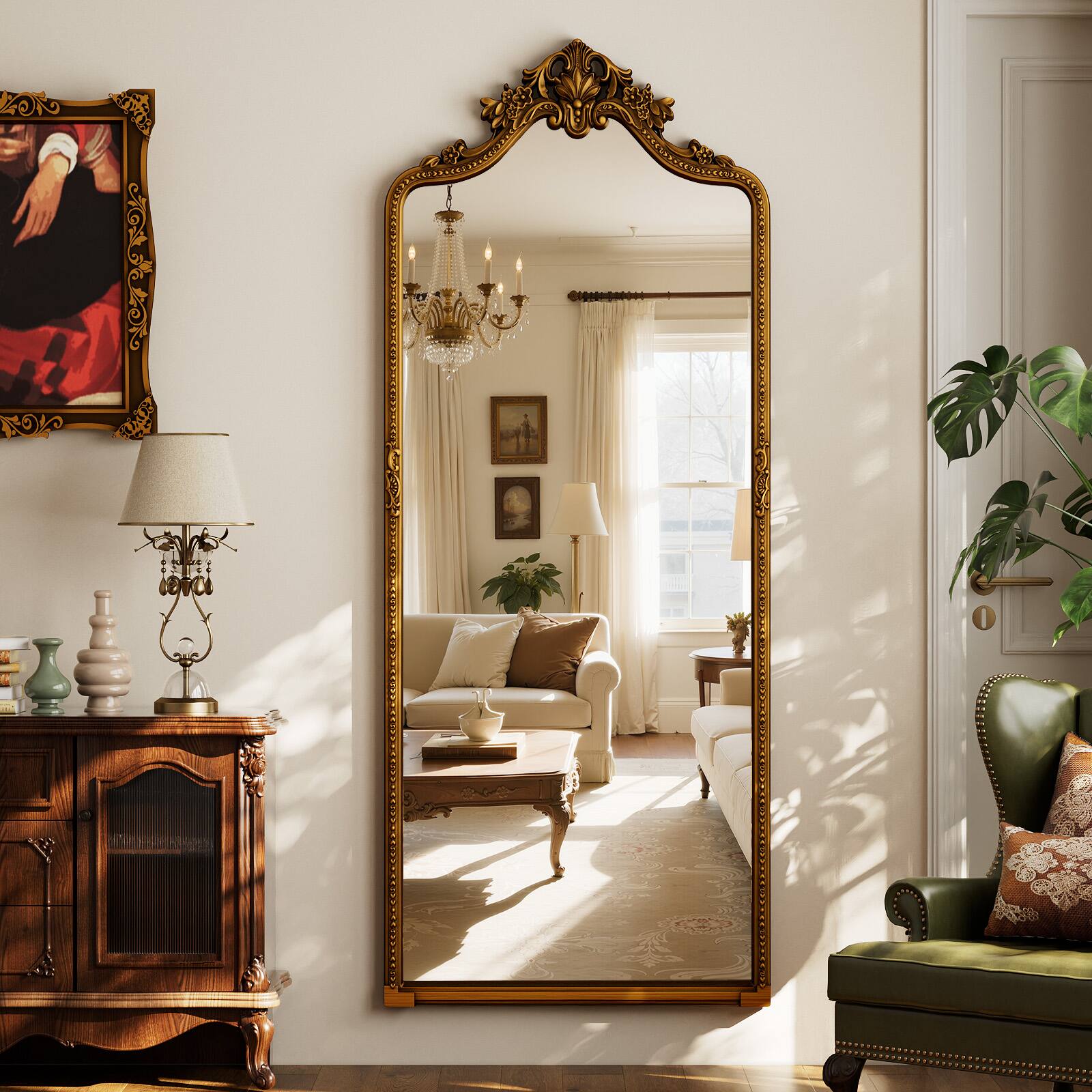 Angle. Easly - Antique Gold 28 in. W x 69 in. H Arched PU Frame Ornate Carved Decoration Full Length Floor Mirror - Gold.