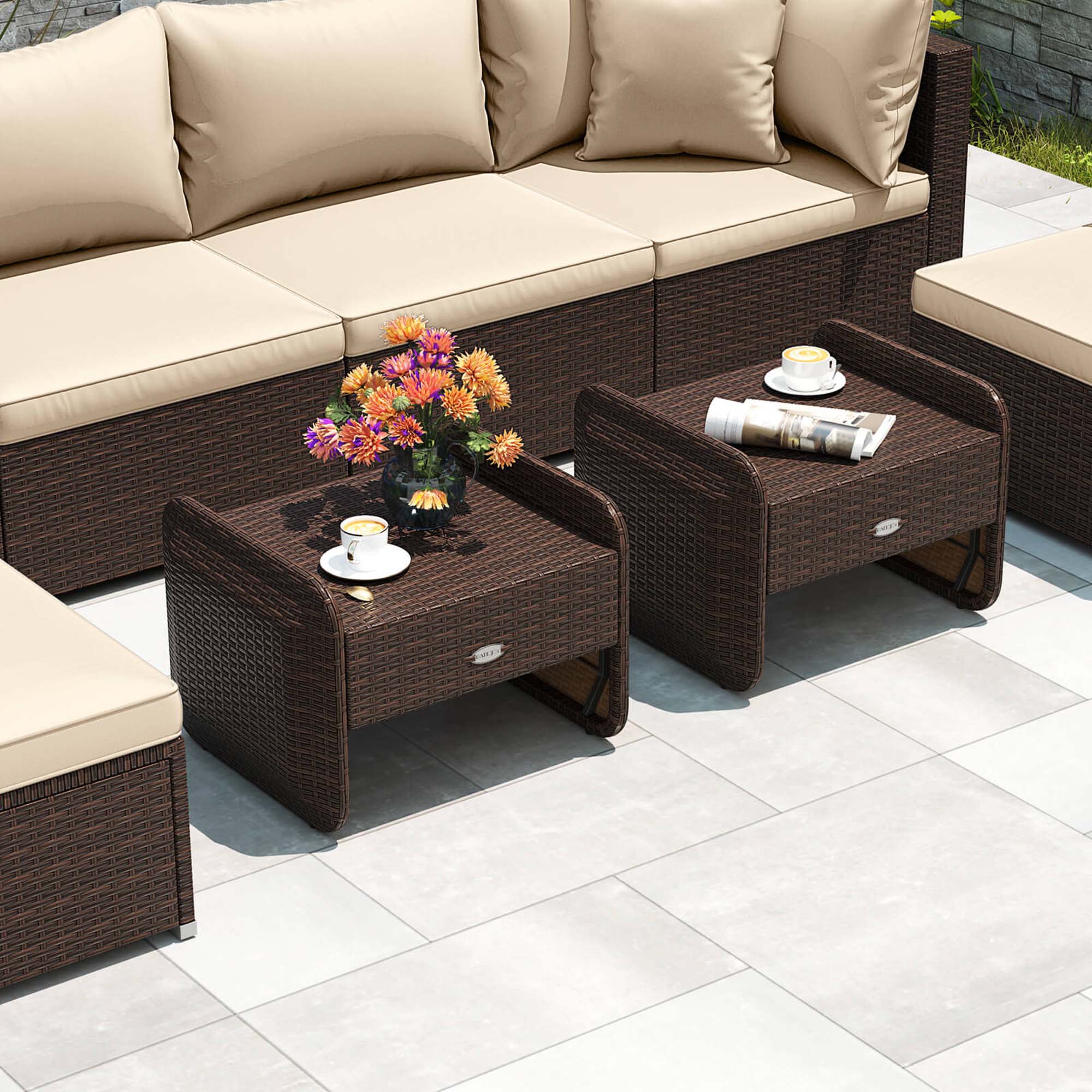 Back. Costway - 2 Pieces Outdoor Patio PE Wicker Ottomans with Removable Cushions Footstools - Mixed Brown + Beige.