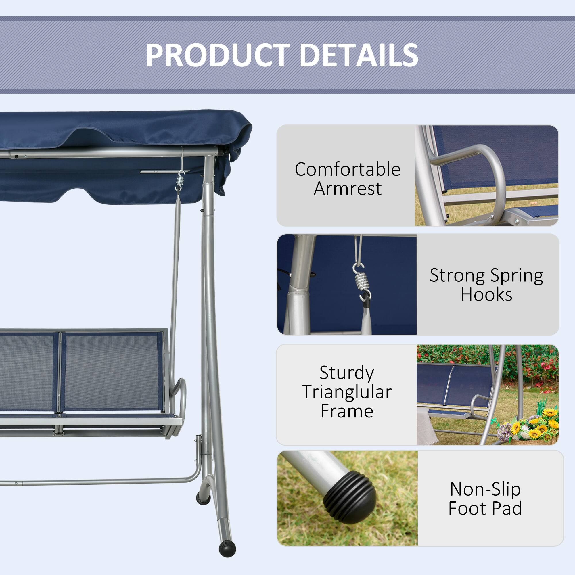 PRODUCT DETAILS

- Comfortable Armrest
- Strong Spring Hooks
- Sturdy Triangular Frame
- Non-Slip Foot Pad