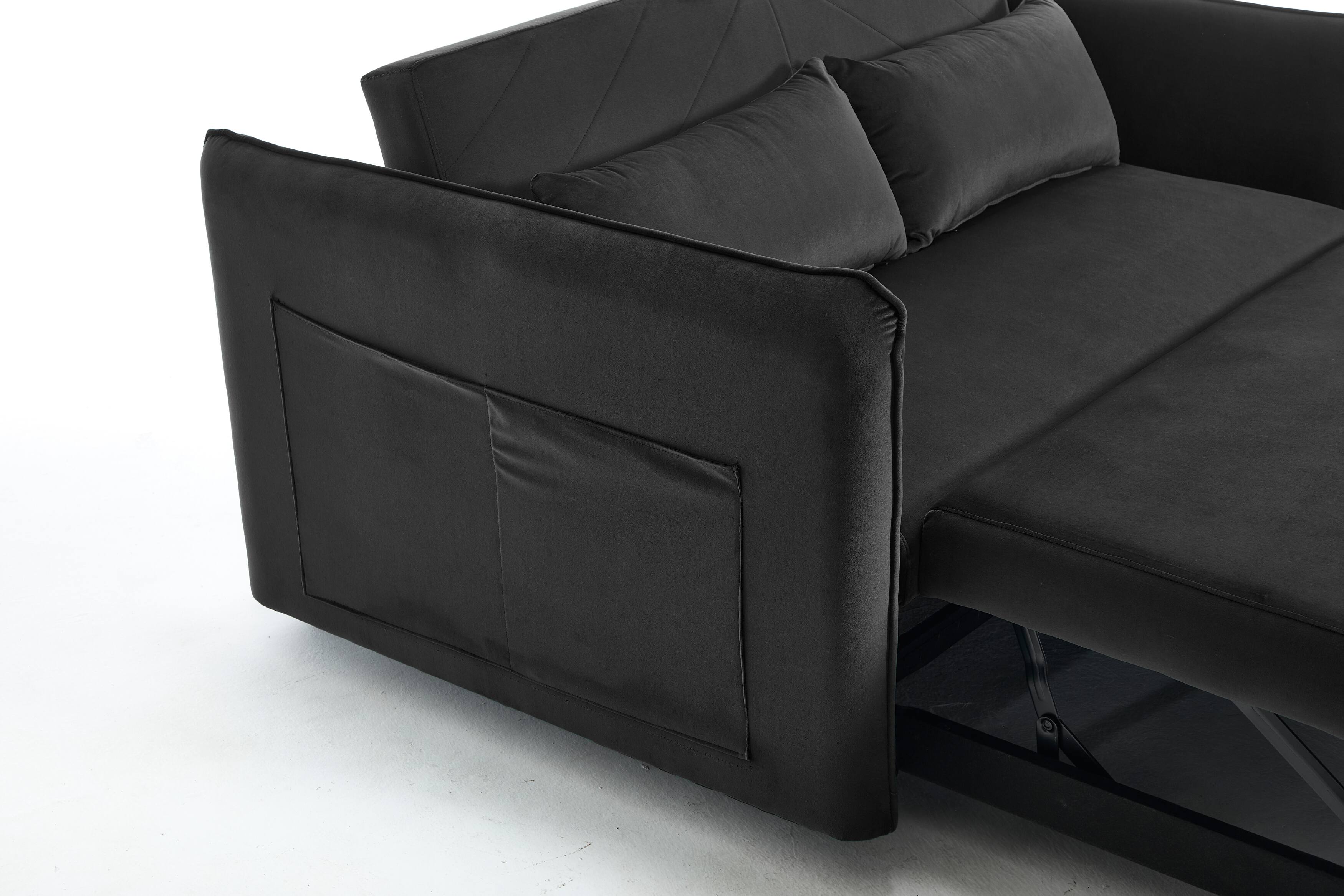 Alt View 7. Tiramisubest - 3 in 1 Convertible Sleeper Futon Sofa Bed,55" Velvet Loveseat with 2 Pillows,Reclining Backrest & Side Pockets,Black - Black.
