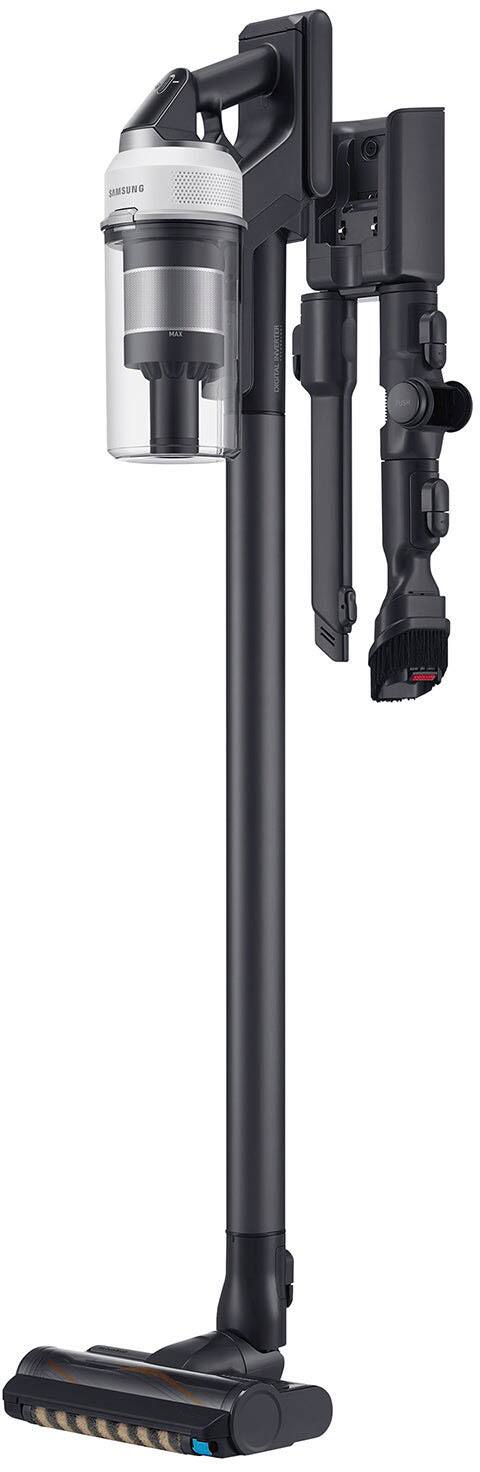 The image features a Samsung Max vacuum cleaner, which is a handheld vacuum cleaner. It is a black and silver device that is designed for easy use and maneuverability. The vacuum cleaner is mounted on a long pole, allowing for better access to hard-to-reach areas. The pole has a black and silver color scheme, and the vacuum itself is black and silver. The Samsung Max vacuum cleaner is a versatile and efficient tool for cleaning various surfaces and maintaining a clean and tidy living space.