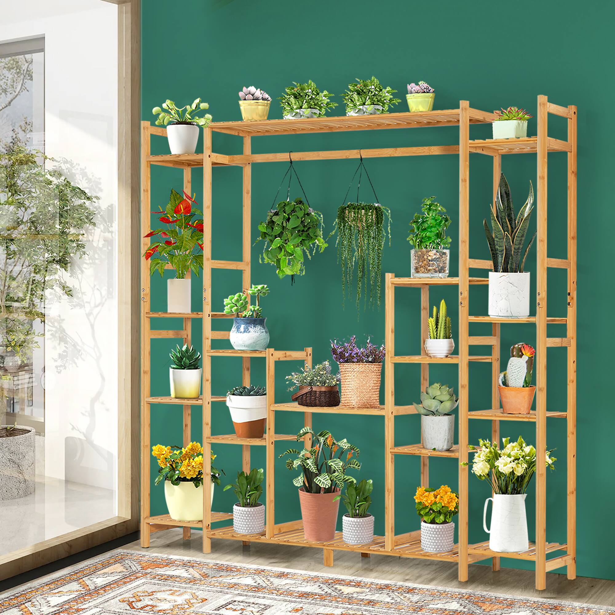 Alt View 2. Costway - 9-Tier Bamboo Plant Stand Potted Holder w/Hanging Rack Tall Display Shelf Unit - Natural.