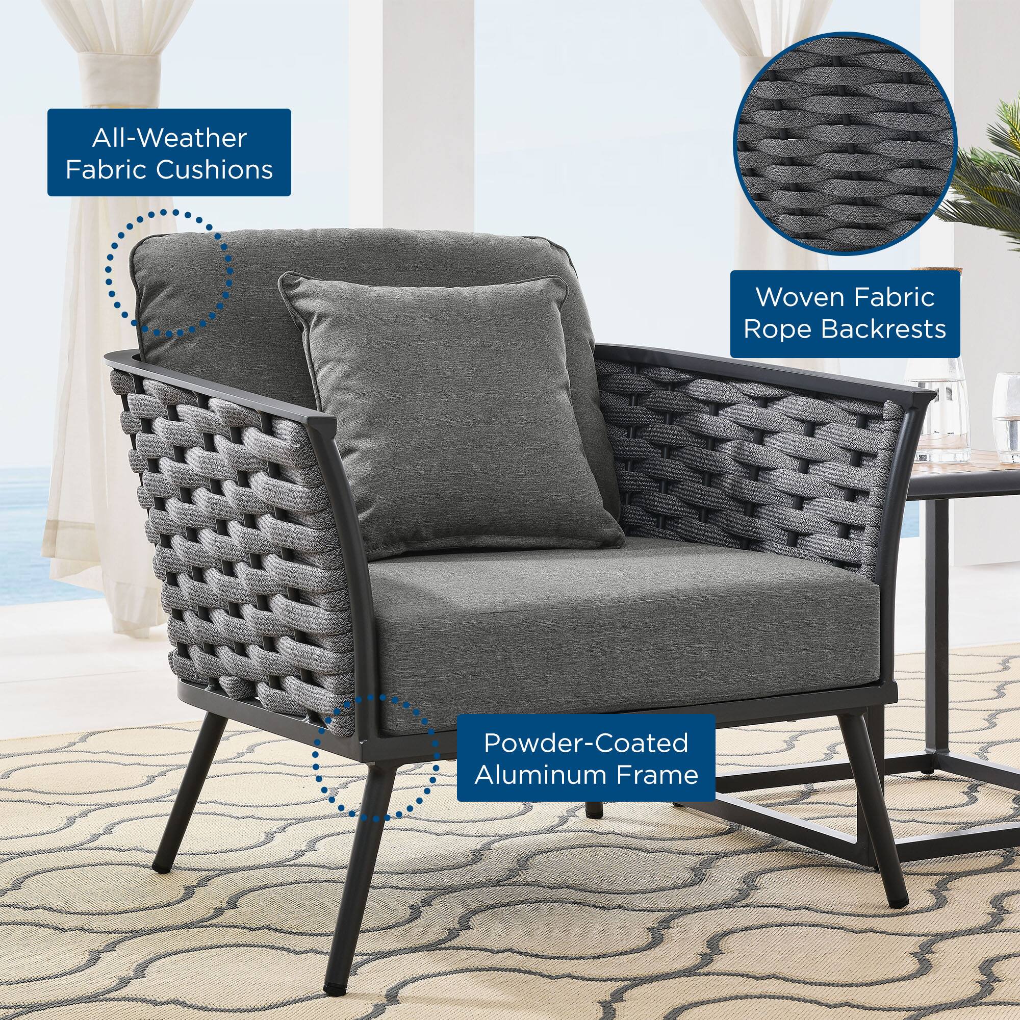 All-Weather Fabric Cushions  
Woven Fabric Rope Backrests  
Powder-Coated Aluminum Frame