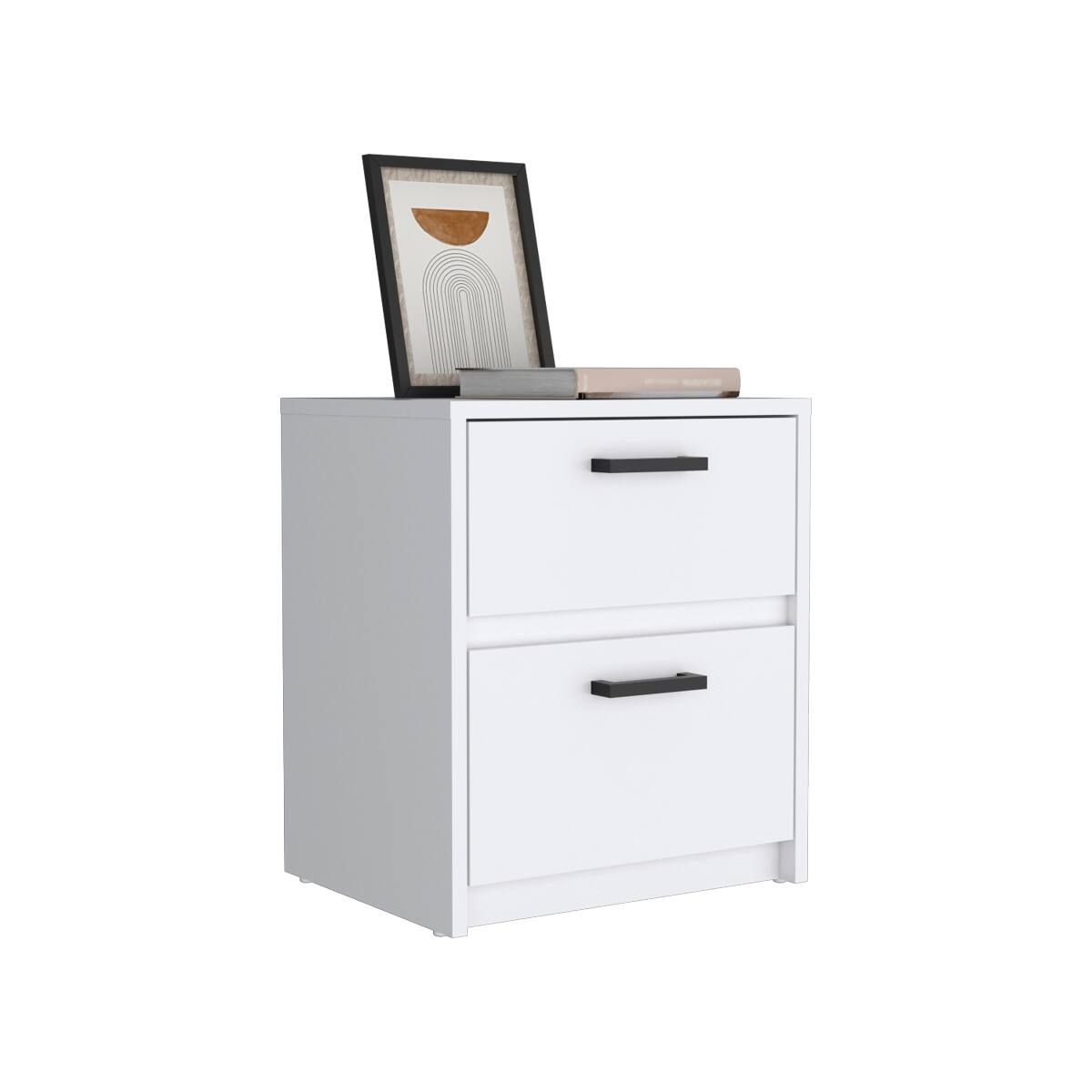 Alt View 2. Loheer - Loheer White 2 Drawer Nightstand with Metal Handles, 18 Inch High - White.