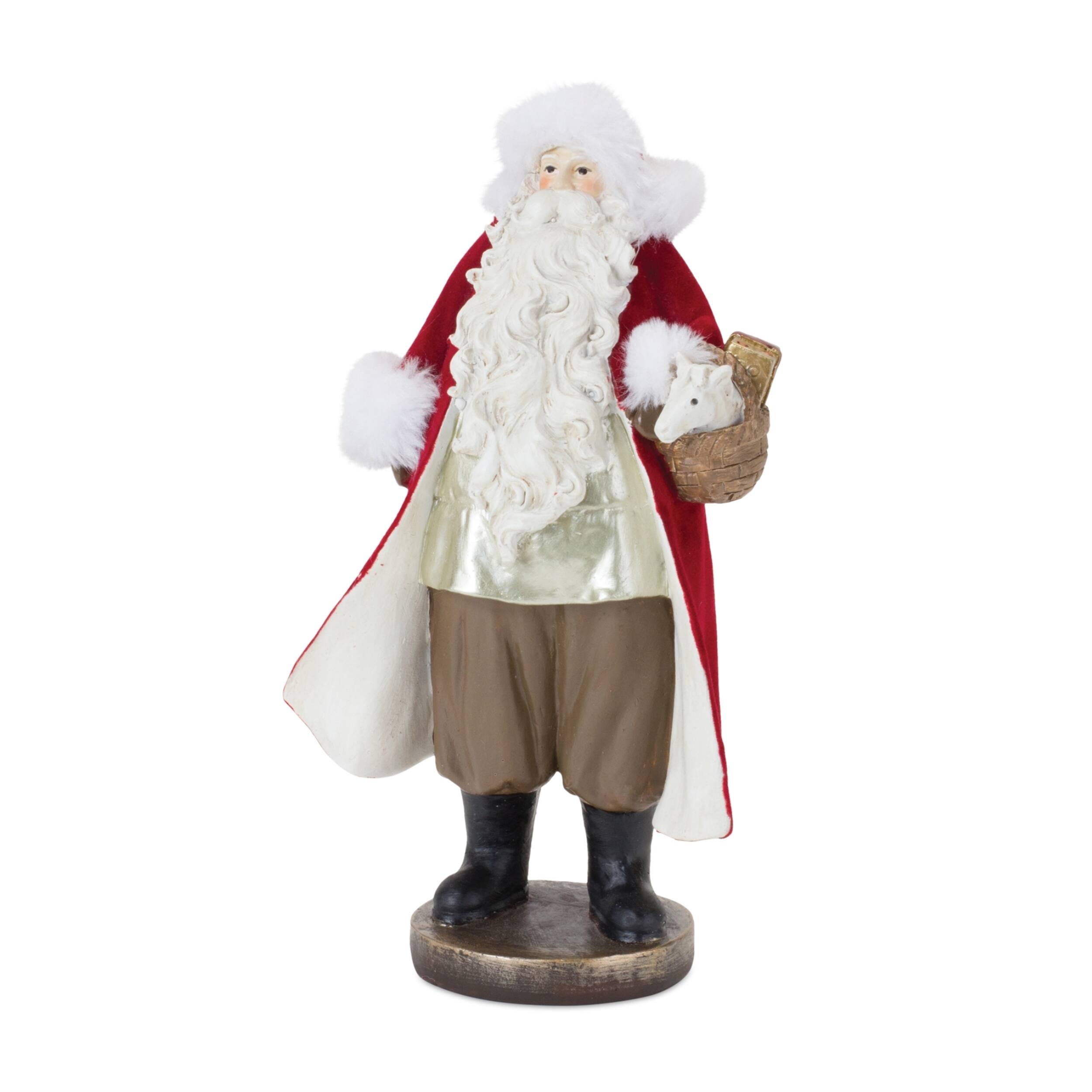 Left. BreeBe - Flocked Santa Figurine with Toy Accents (Set of 2) - Red, White, Black.