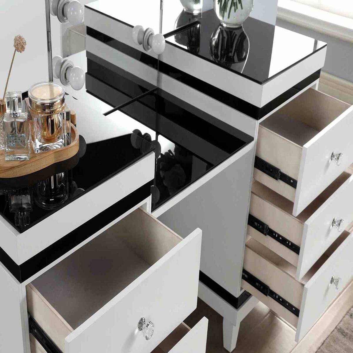 Left. Loheer - Loheer Makeup Vanity Set with Stool, Tri-Fold Mirror and Fourteen Bulbs, Black and White - Black and White.