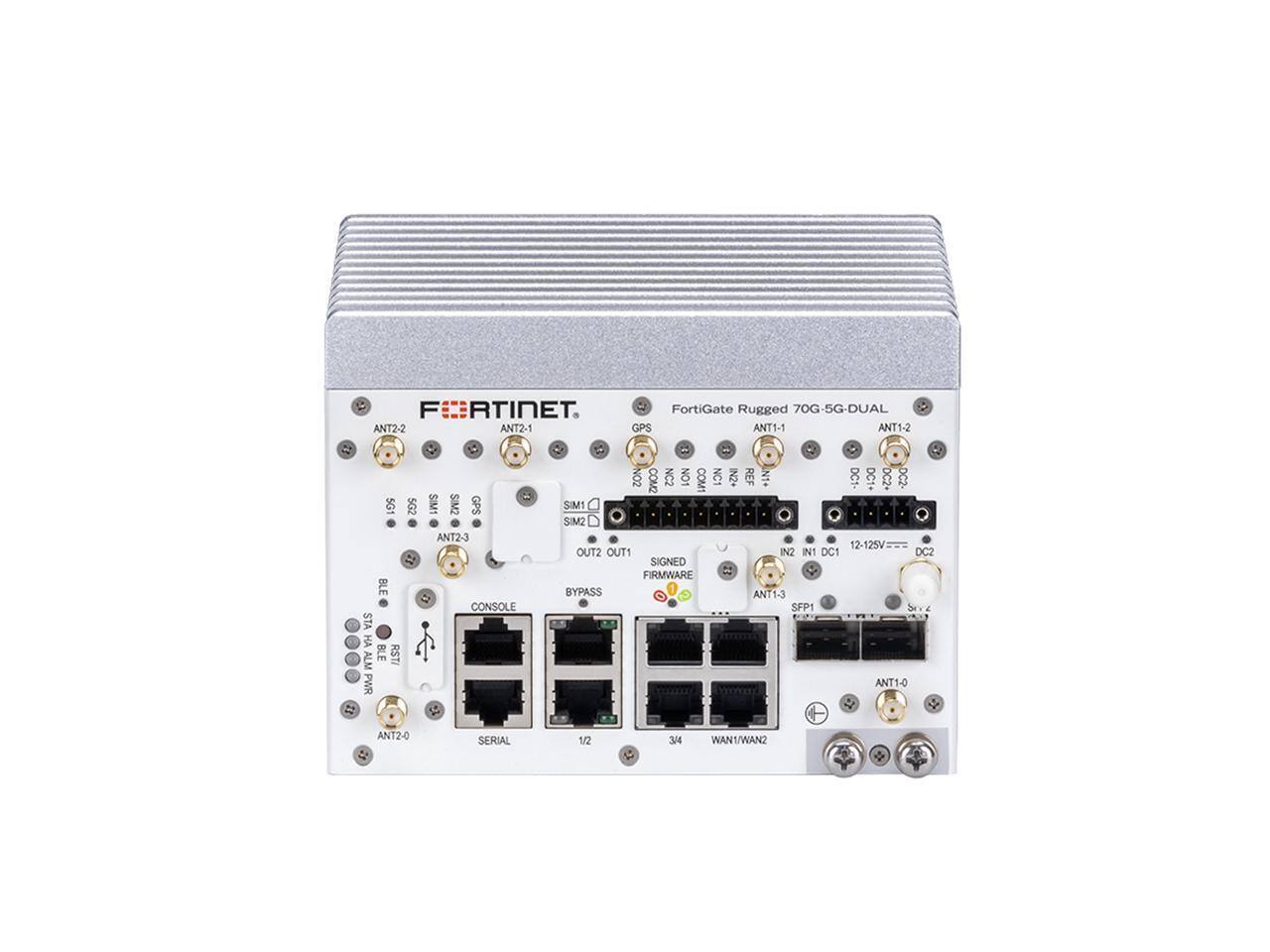 FORTINET  
ANT2-2 ANT2-1  
FortiGate Rugged 70G-5G-DUAL  
GPS ANT1-1 ANT1-2  
5G 5G2 BLE STA BLE RST HA ALM PW PWR  
SIM1 SIM2 GPS ANT2-3 CONSOLE  
NO2 NC2 NO1 NC1 IN2* REF DC1 DC COM2 COM1 SIM1 SIM2 12-125V OUT2 OUT1 IN2 IN1 DC1 DC2 SIGNED FIRMWARE BYPASS 1 ANT1-3 SFP1 ANT1-0  
ANT2-0  
SERIAL  
1/2  
3/4  
WAN / WAN2