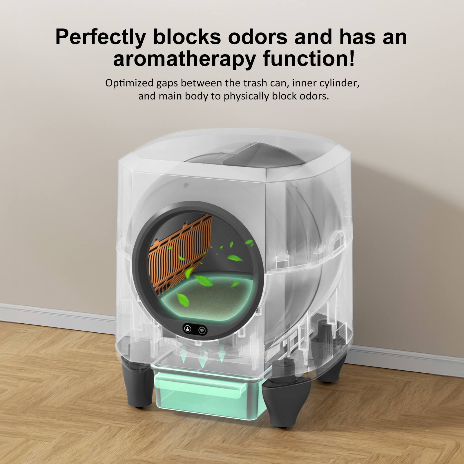 Perfectly blocks odors and has an aromatherapy function!  
Optimized gaps between the trash can, inner cylinder, and main body to physically block odors.