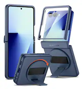 SURITCH - Case for Samsung Galaxy Z Flip 7 with 360° Rotatable Hand Strap, Invisible Kickstand, Screen Protector, Protective Cover - Deep Blue