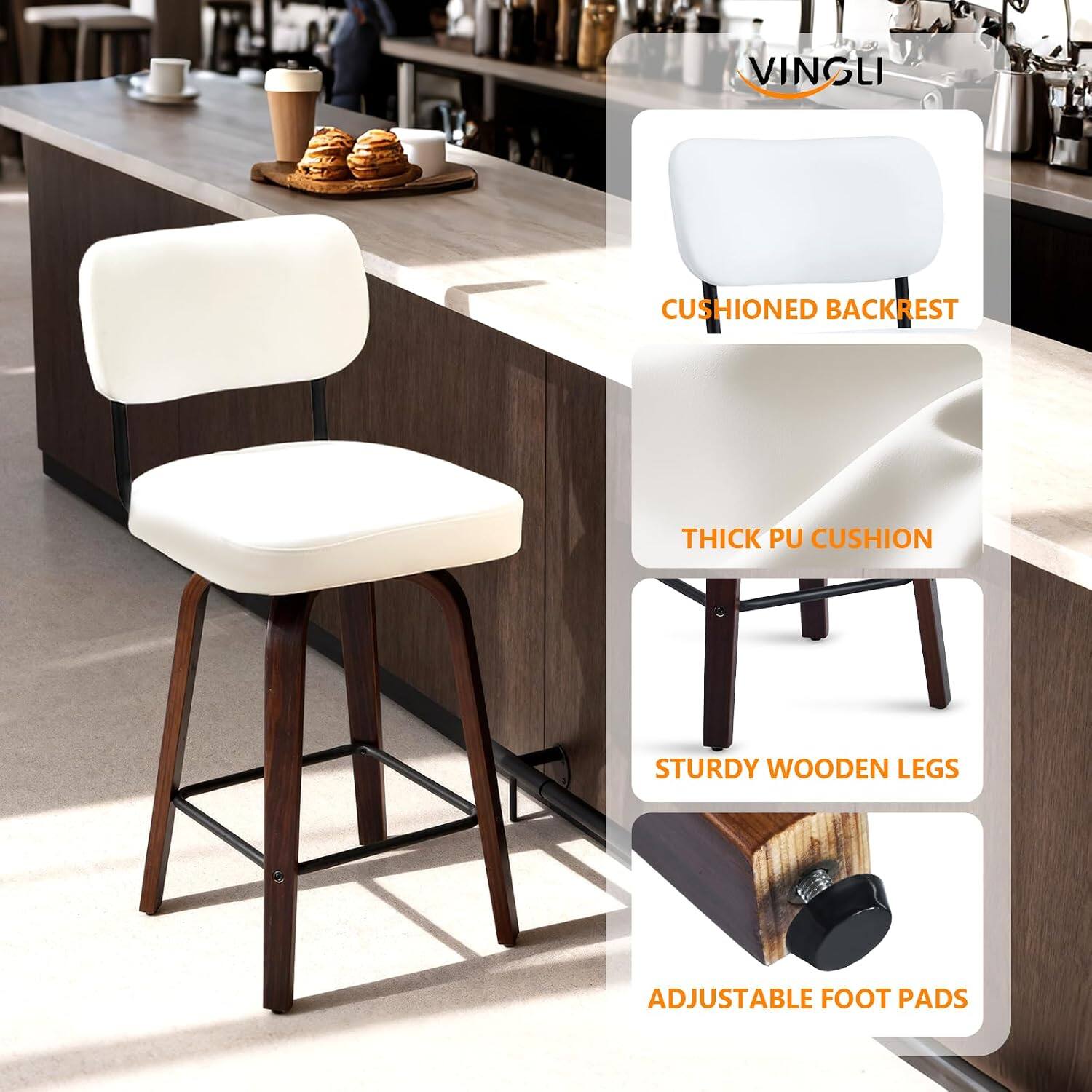 VINGLI

- CUSHIONED BACKREST
- THICK PU CUSHION
- STURDY WOODEN LEGS
- ADJUSTABLE FOOT PADS