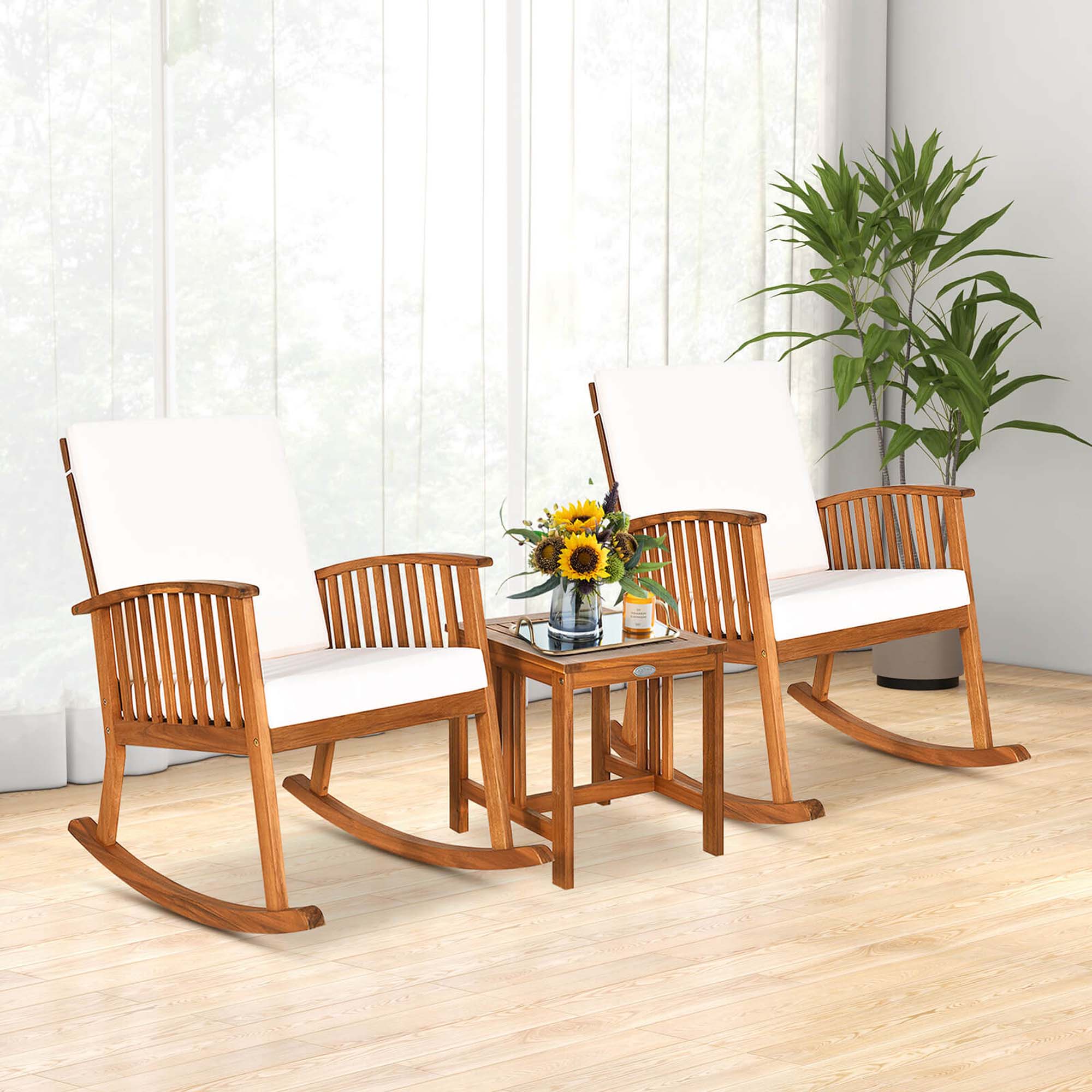 Alt View 2. Costway - Costway 3 Pieces Acacia Wood Rocking Bistro Set with Coffee Table and Cushions for Lawn - Natural,Off White.