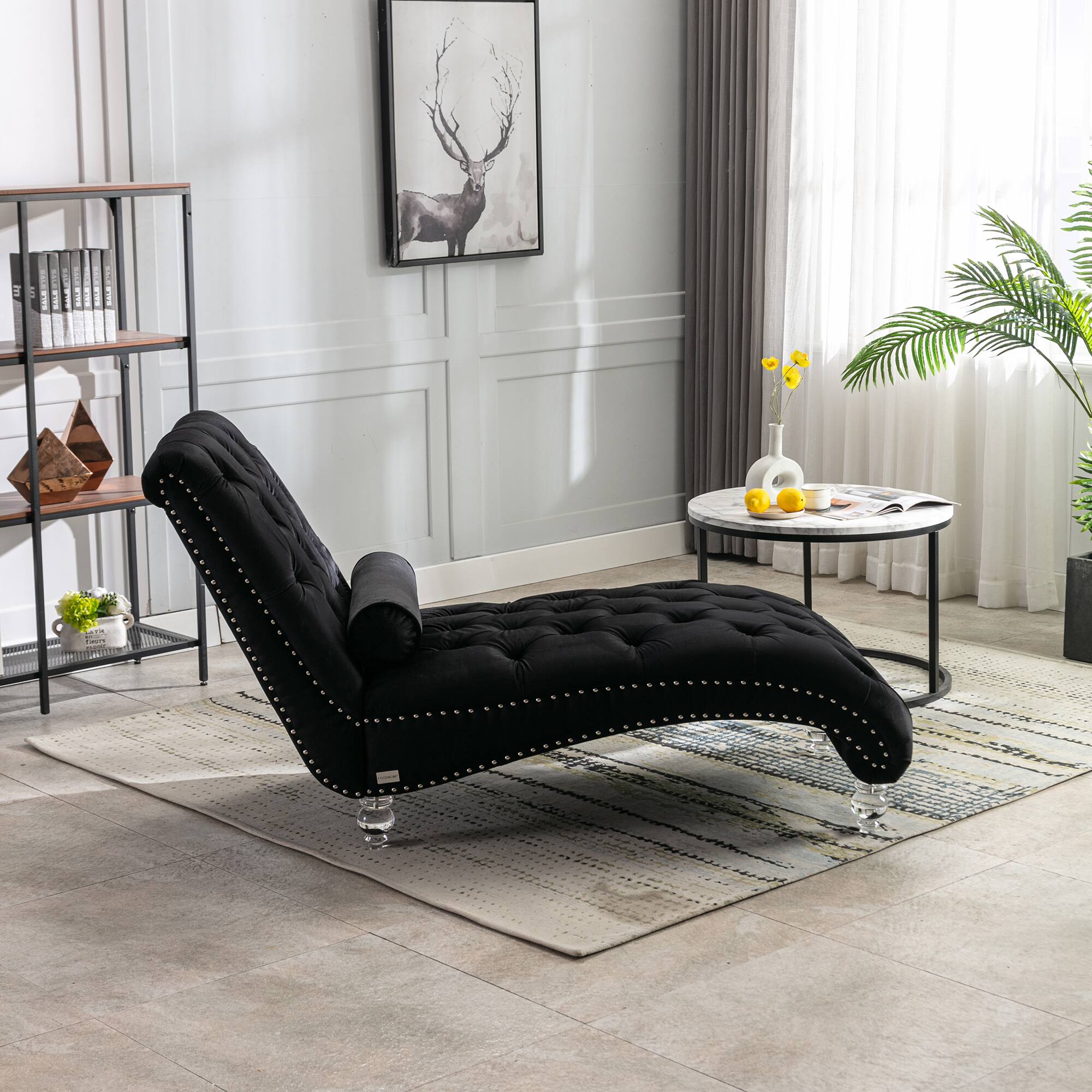 Back. Trinkets Crazed - Velvet Indoor Chaise Lounge Chair with Toss Pillow, Upholstered Modern Tufted Button Lounge Chair with Acrylic Legs - Black.