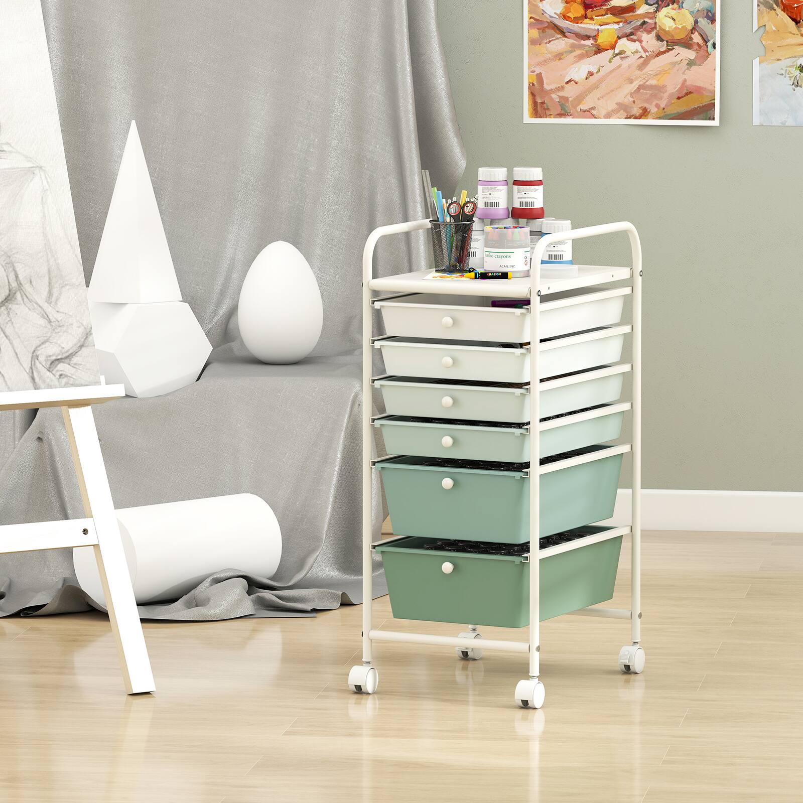 Alt View 4. Costway - Costway 6-Drawer Rolling Art & Craft Storage Cart with Removable Drawers & Metal Frame, Lockable Wheels - Gradient Green.