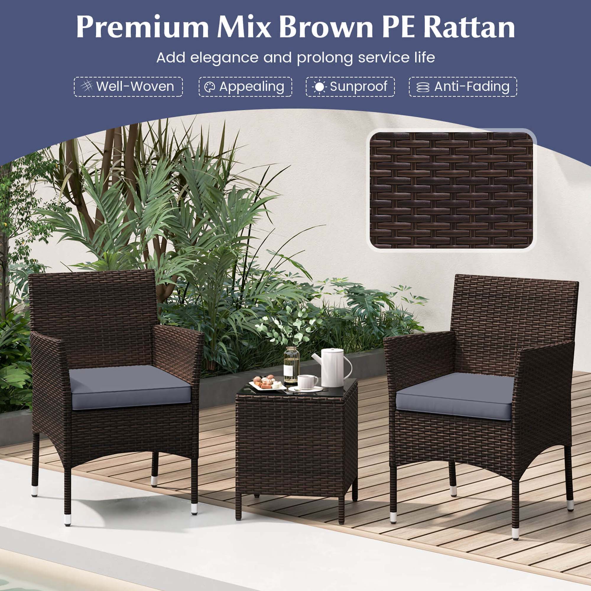 Premium Mix Brown PE Rattan: Add elegance and prolong service life. Well-Woven Appealing Sunproof Anti-Fading.