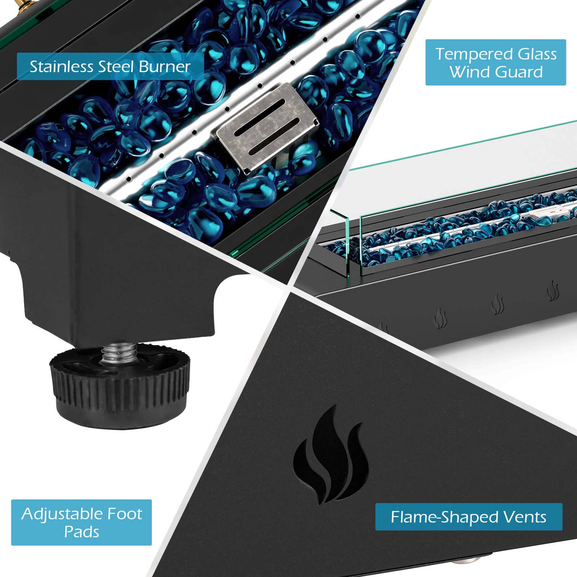 - Stainless Steel Burner
- Tempered Glass Wind Guard
- Adjustable Foot Pads
- Flame-Shaped Vents